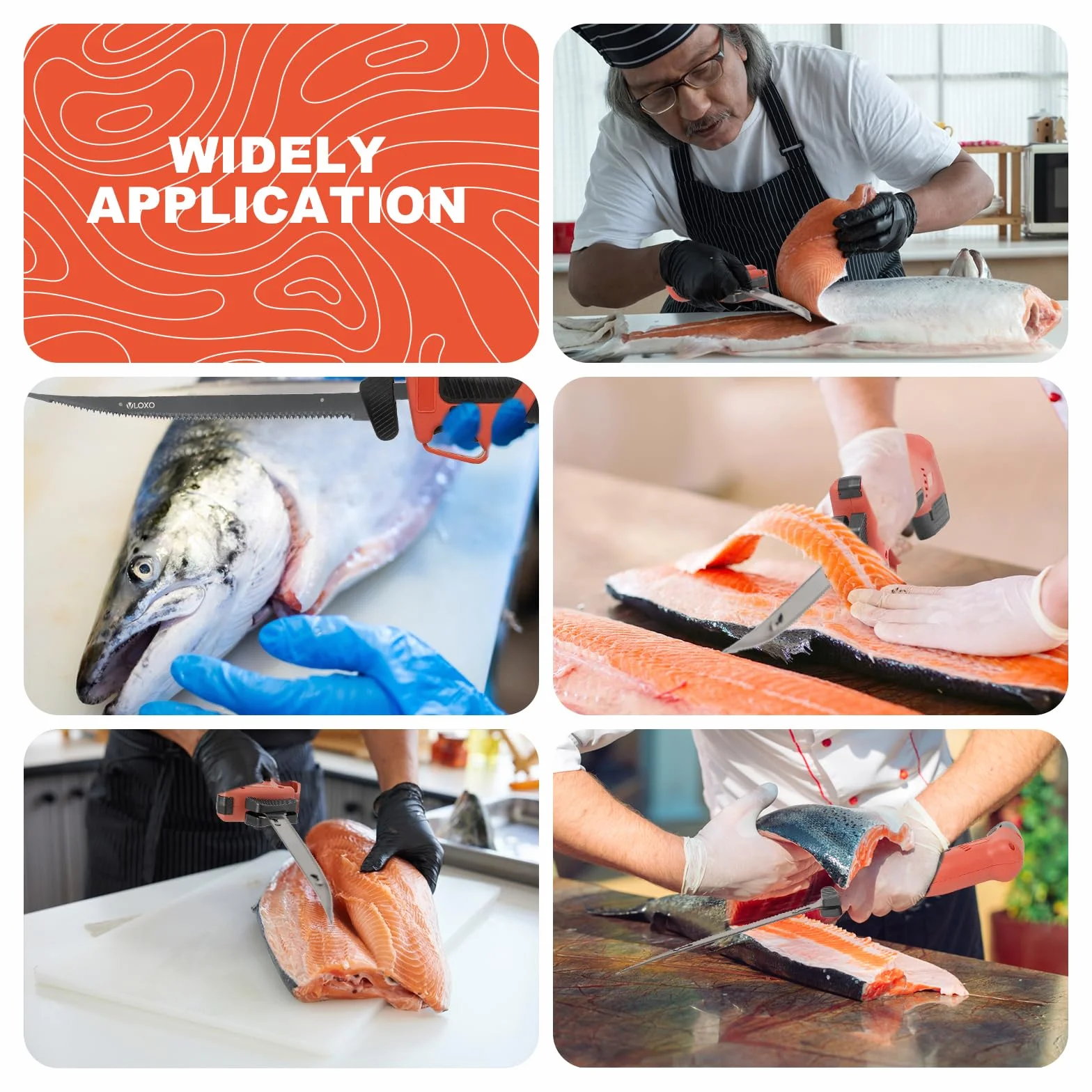 VLOXO Cuchillo Electrico Cocina Inalámbrico con 4 Cuchillas de Acero Inoxidable y 2 Baterías Cuchillos Cocina Eléctrico Recargable Bloqueo de Seguridad Cuchillos Carne Mango Antideslizante