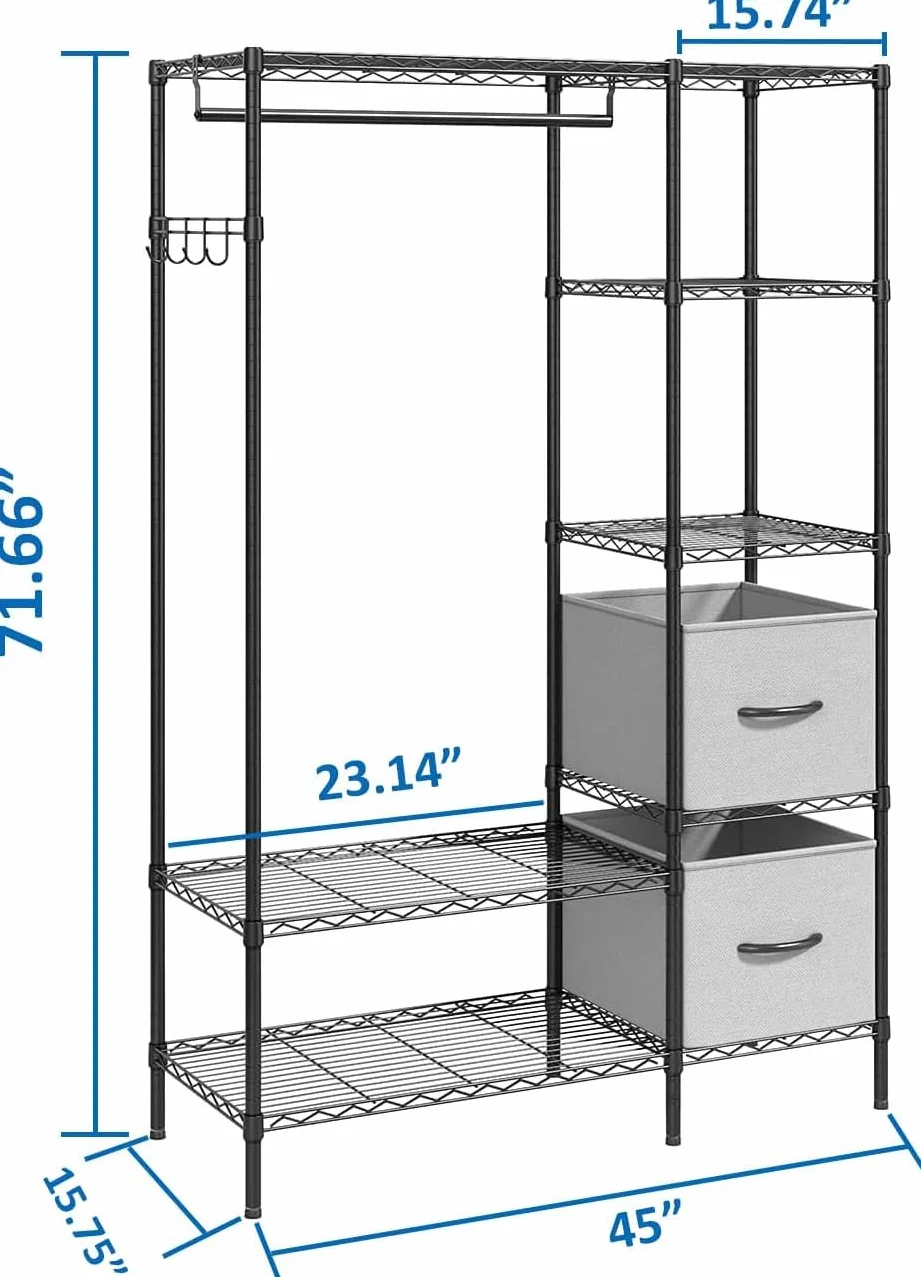 Armario Abierto Perchero con estantes Armario Abierto de alambre para ropa 6 niveles Vestidor de metal resistente para colgar ropa, 44.9 "L x 15.74 "W x 70.9 "H, Carga máxima 560LBS, Negro