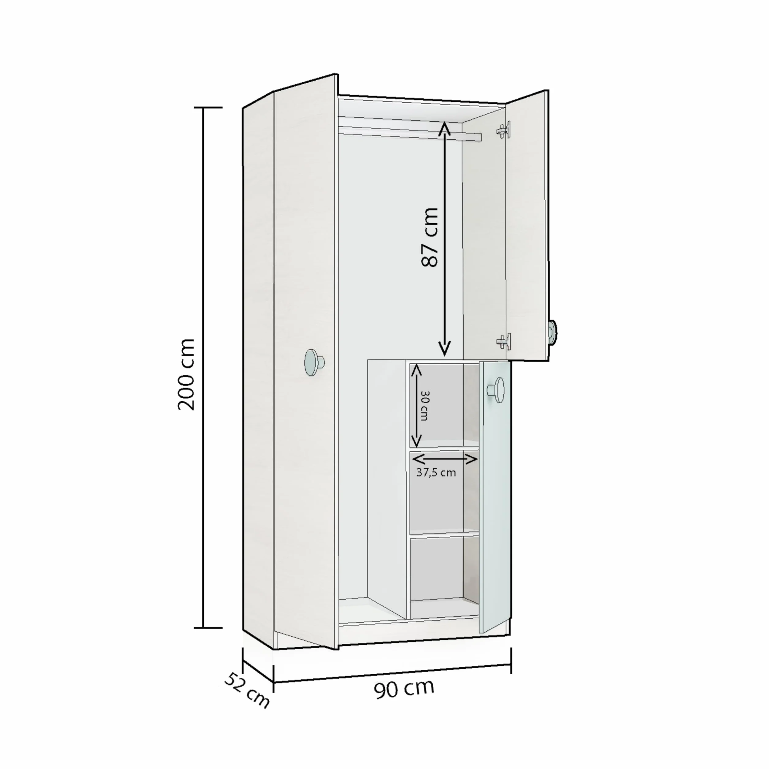 duehome | Armario Juvenil, Modelo Yuki, Acabado en Color Blanco Alpes y Verde Acqua, Medidas: 90 cm (Largo) x 200 cm (Alto) x 52 cm (Fondo)