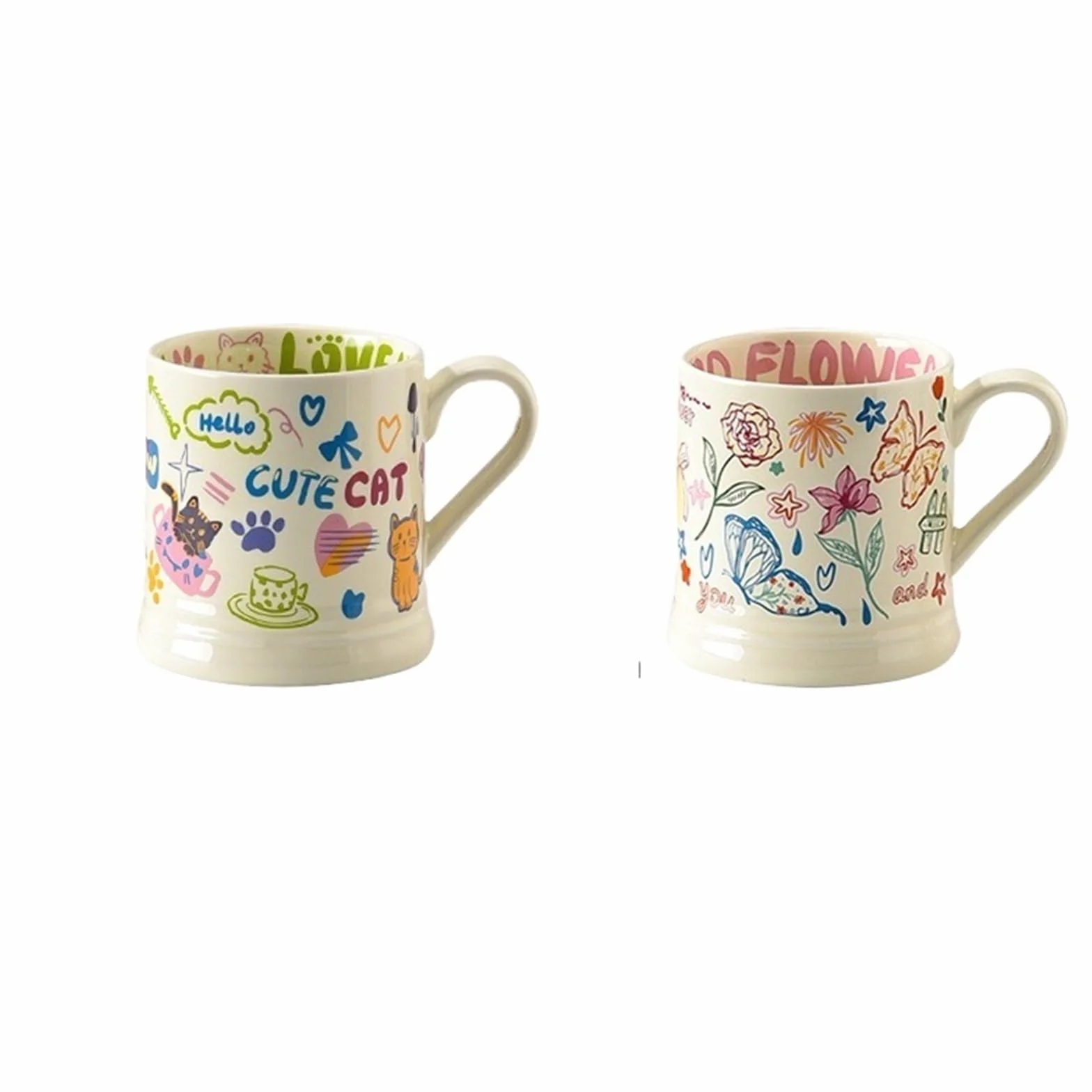 Tazas con Estampado de Flores, 2 uds., 370ml, Taza de café Creativa, Taza for Beber, Desayuno, Leche, Zumo, Grafiti Bonito, Taza de Agua for el hogar para Café y Leche