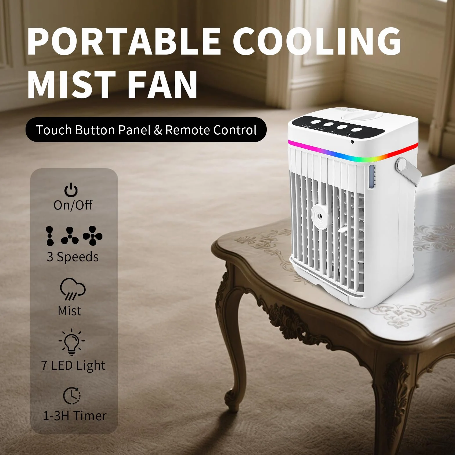 Aire acondicionado portátil, mini enfriador 4 en 1 con refrigeración rápida, función de niebla, luz LED, 3 velocidades y temporizador, ventilador USB silencioso para uso en verano