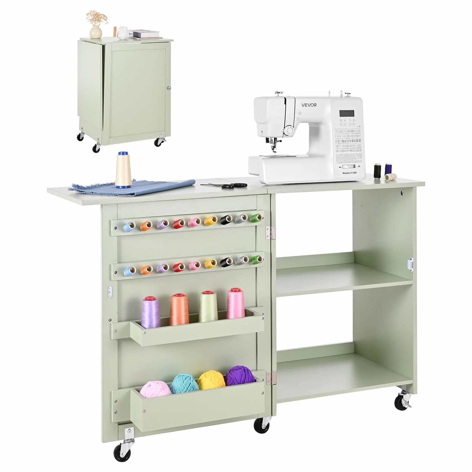 VEVOR Mesa de Costura Plegable, con Diseño Compacto, Compartimentos de Almacenamiento, Abrazaderas de Madera y Cierre Magnético, para Estudio de Moda, Estudio de Arte y Hogar, Color Verde Claro