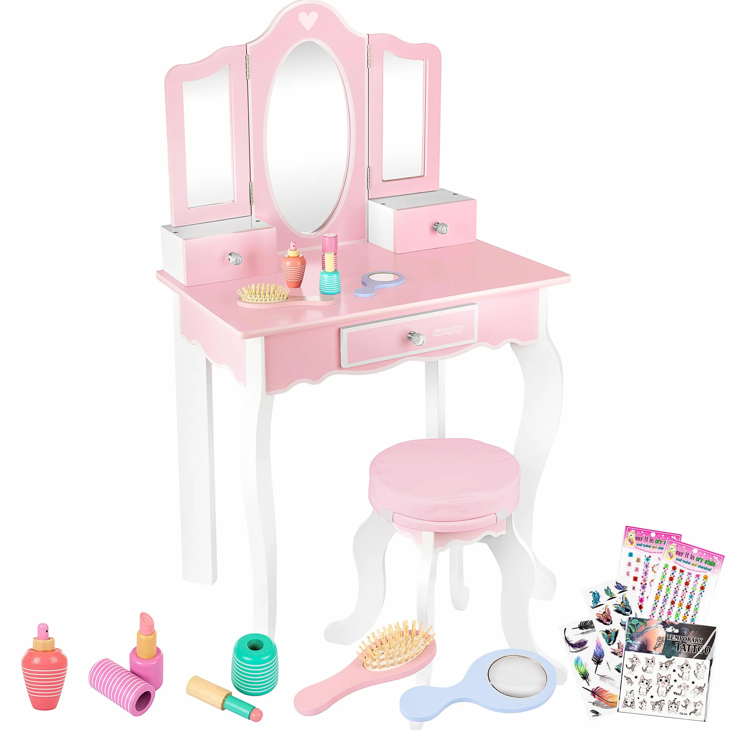 Tocador Infantil de Madera con Espejo y Accesorios Rosa Green Series GS3300