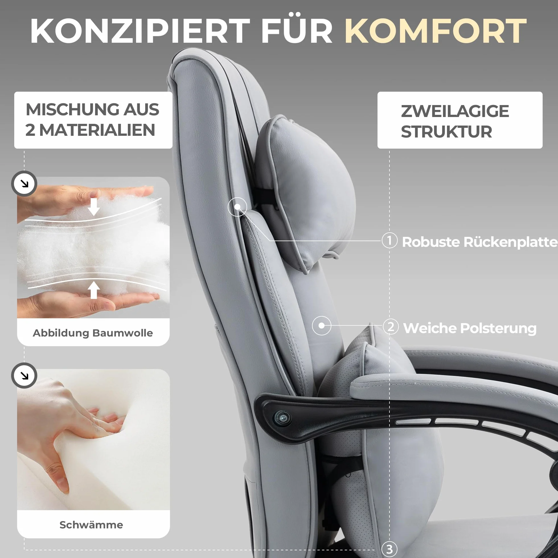 Dowinx Silla de oficina ergonómica con reposapiés, vértebras lumbares ajustables y reposacabezas, silla de oficina ergonómica, silla giratoria para ordenador con respaldo alto, 150 kg (gris)