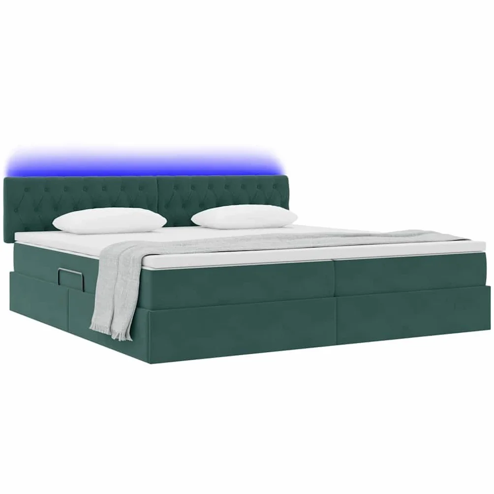 Estructura de cama con espacio de almacenamiento y LED verde oscuro, 200 x 200 cm, terciopelo, con somier y cabecero, mecanismo de elevación hidráulico, doble con tira LED RGB alimentada por