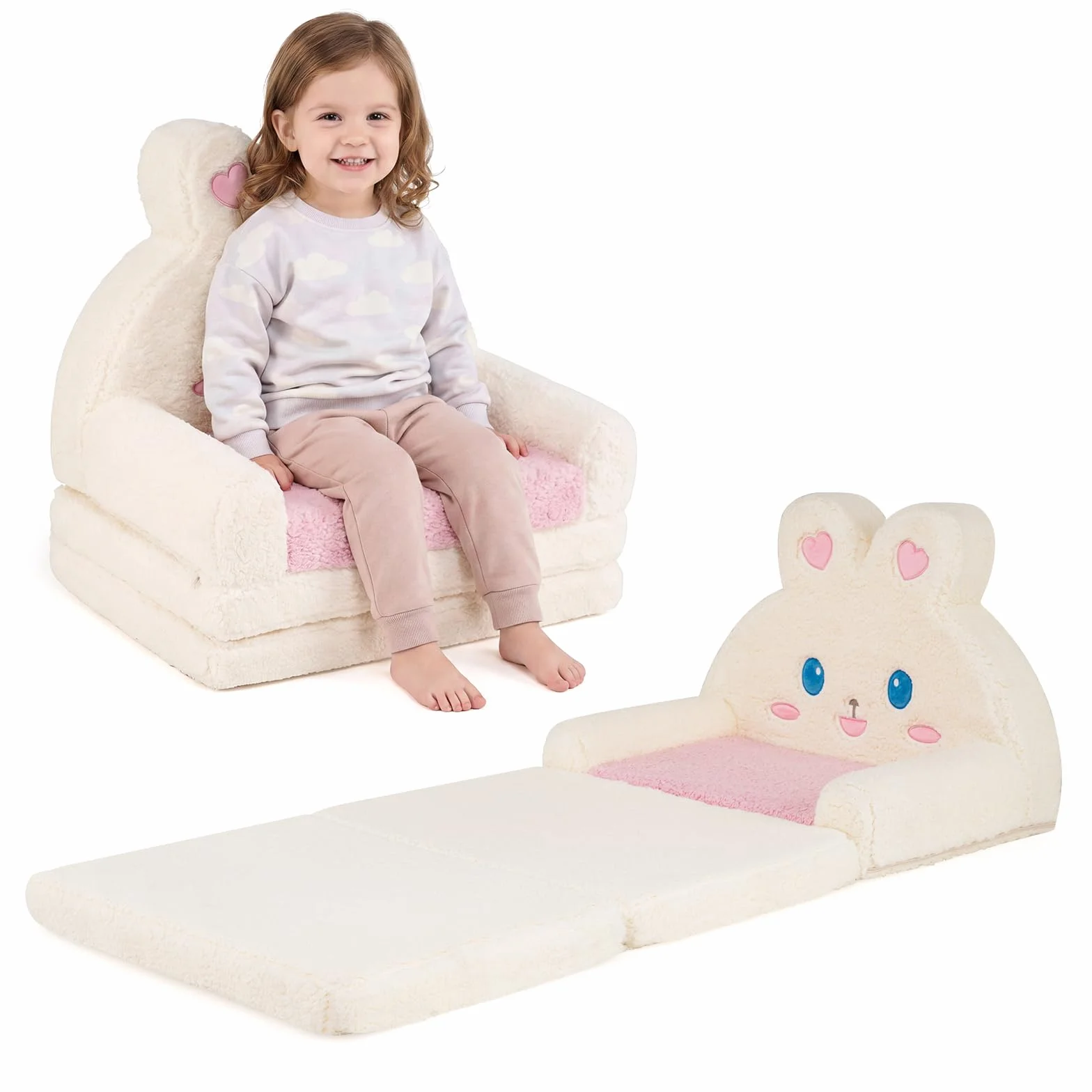 COSTWAY Sofá Infantil Plegable 2 en 1 (Conejo,Rosa) | Sillón Convertible para Niños con Funda Desmontable, Bolsillo de Almacenamiemto, Tumbona de Felpa para 18-36 Meses