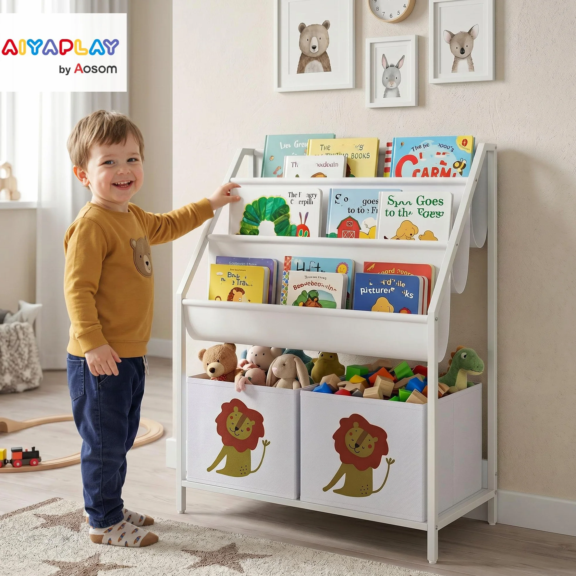 AIYAPLAY Librería Infantil de 4 Niveles Montessori Niños 76 cm Blanco | Estantería para Libros, 3 Estantes, 2 Cajones de Tela, Diseño de León, Sala de Juegos, Dormitorio, Guardería