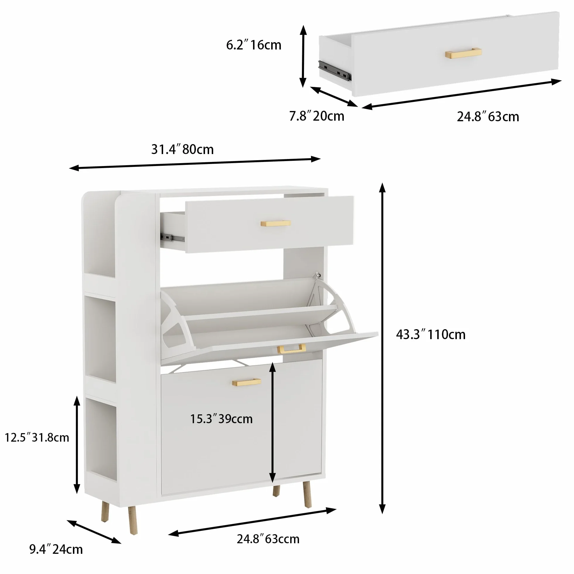 Zapatero 2 Puertas Estrecho Mueble Zapatero con 1 cajón y 3 Compartimentos de Almacenamiento con 4 Patas de Madera Maciza para Sala de Estar, Pasillo de Entrada, 80x24x110cm Blanco