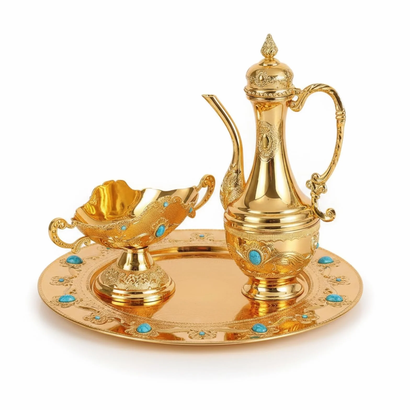 Jarra Tapada Centro Espejado Set Ornamental Estilo Tradicional Bandeja Redonda para Servir Bebidas, Dorado