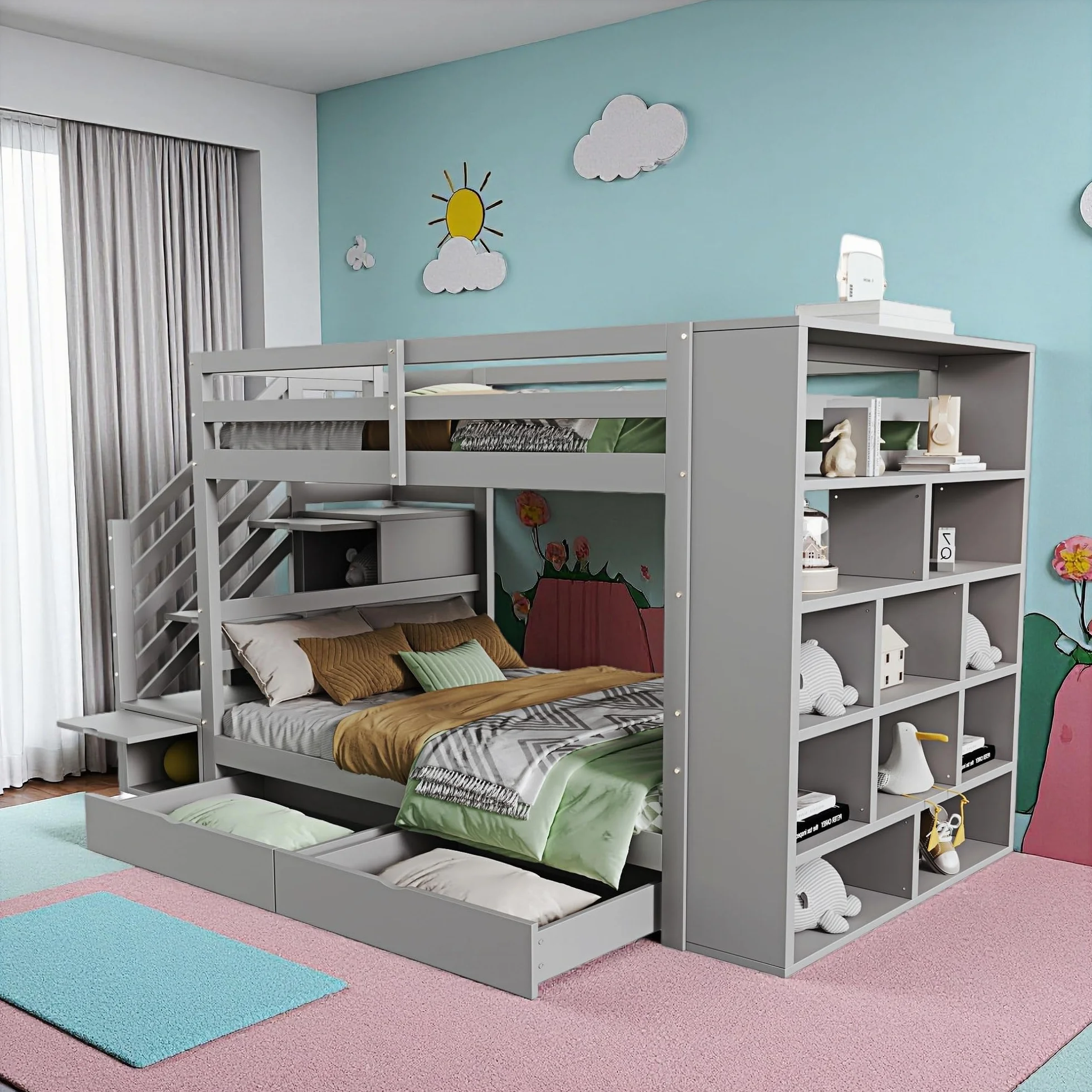 Litera de 90 x 200 cm, con escalera integrada con contenedor, dos cajones, amplio armario contenedor y barra de seguridad alta, cama de pino, apta para niños y jóvenes (gris)