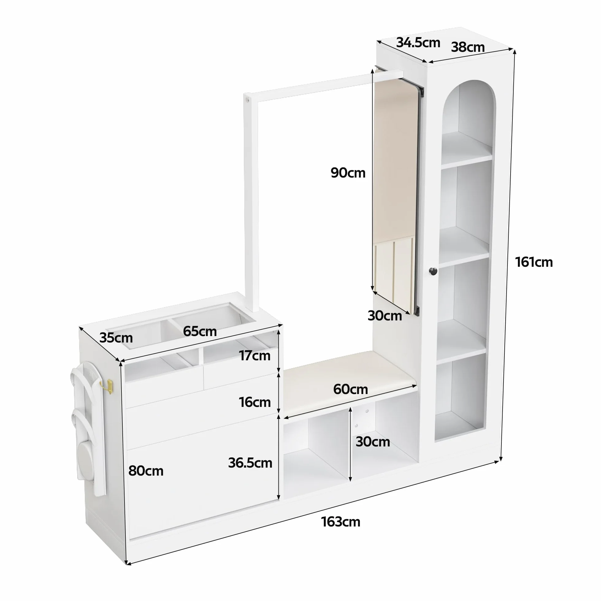 LAKFEW 6 en 1 Juego de Perchero, Perchero Entrada Recibidor con Espejo y Luz LED, Mueble Recibidor con 3 Cajones y 2 Puertas, Conjunto de Mueble Entrada Recibidor Percheros, 163x35x161 cm, Blanco