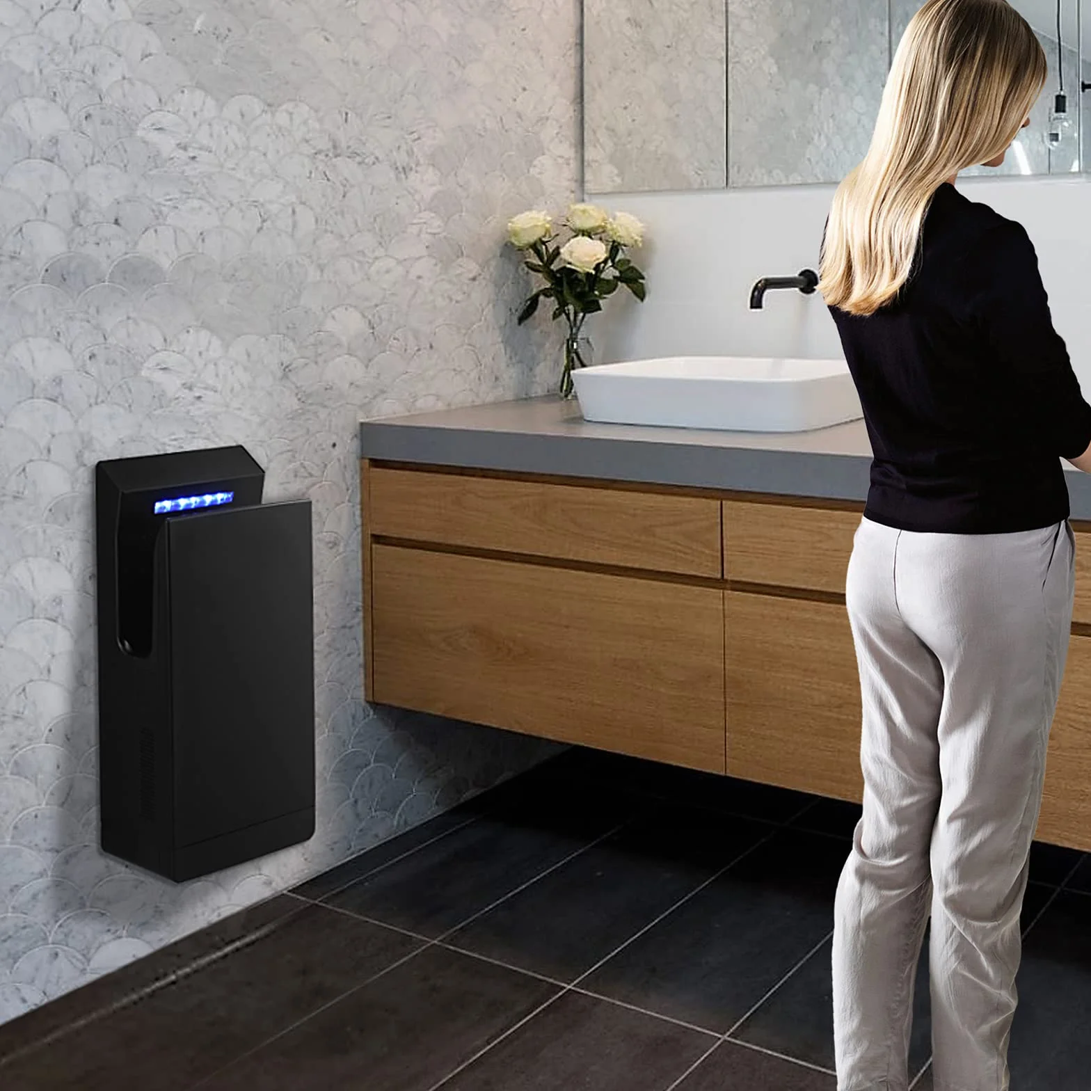 QL Secador de Manos Eléctrico con Filtro-HEPA y Esterilización-UVC,Alta Velocidad 1350W,Aniónica Automático,para Baño Comercial,Negro Mate
