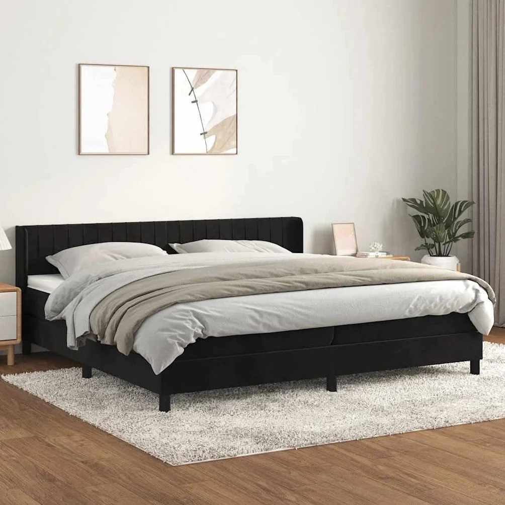 Cama con somier con colchón, color negro, 200 x 200 cm, terciopelo acolchado, cama doble, marco de cama, muebles para jóvenes, cama alta que ahorra espacio, cama alta para un sueño reparador