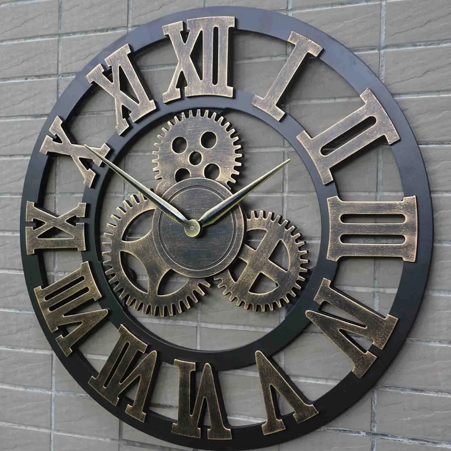 Reloj de pared, reloj para exteriores, reloj de jardín, reloj de pared extragrande, decorativo de hierro forjado, cuarzo silencioso, engranajes industriales, negro, números de metal rústico, estilo