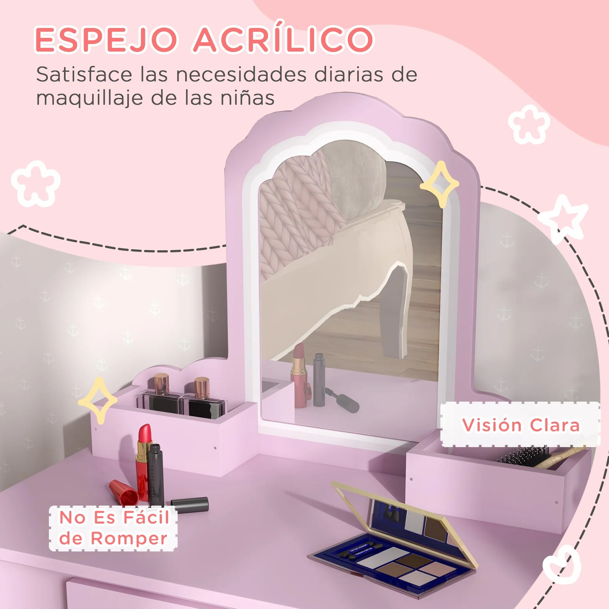 ZONEKIZ Tocador Infantil Mesa de Maquillaje con Taburete y Espejo para Niñas +3 Años Rosa