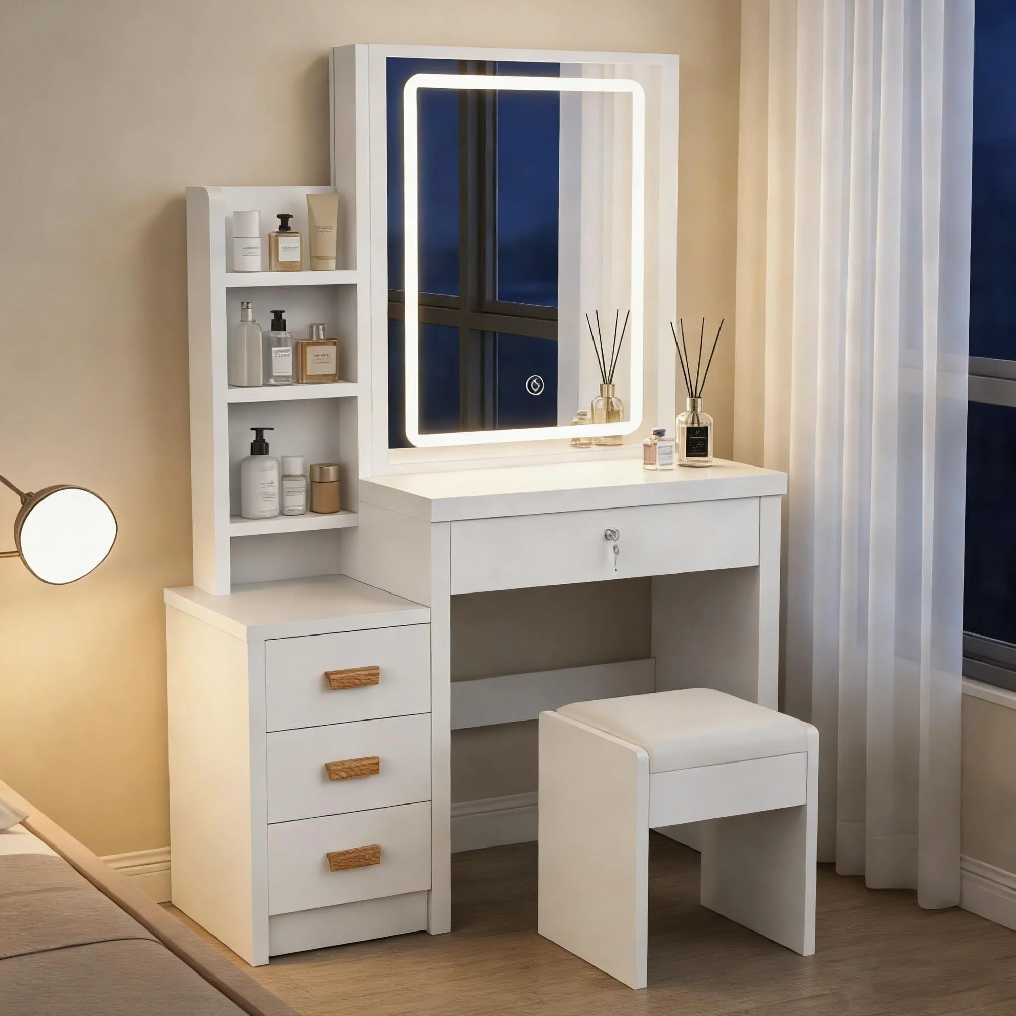 Tocador de Maquillaje Pequeño con Luz LED y Taburete, Espejo corredizo, Tocador Blanco con Espejo, Estilo Moderno Minimalista, Mesa de Maquillaje con Cajones, para Dormitorio, Nueva versión