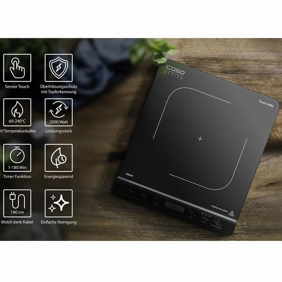 CASO Touch 2000 - Placa de inducción individual, 2000 W, detección automática de ollas, 10 niveles de temperatura, 10 niveles de potencia, temporizador hasta 180 min, superficie vitrocerámica,