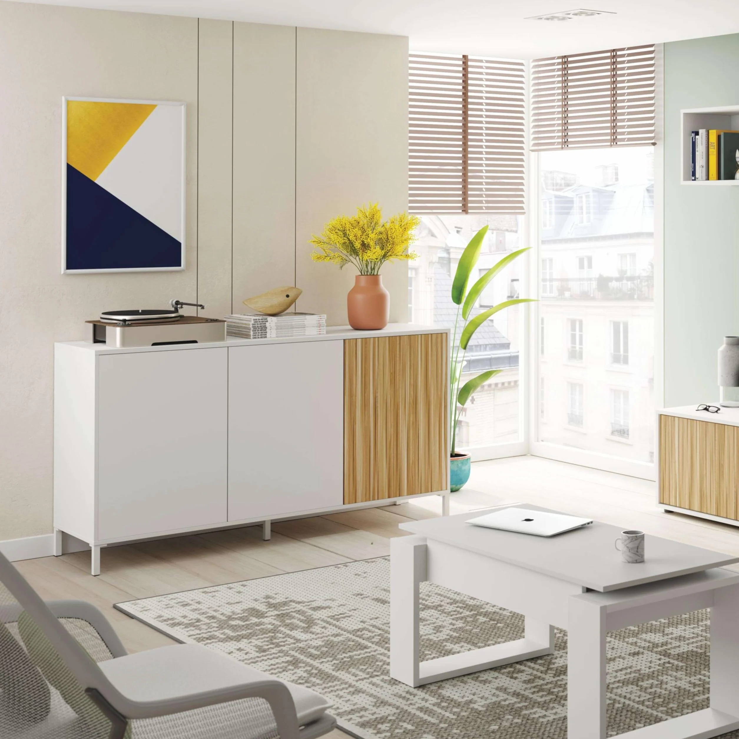 Habitdesign Aparador para Salón Ethna Blanco Artik Y Natur Estilo Moderno 154x74x40 Cm