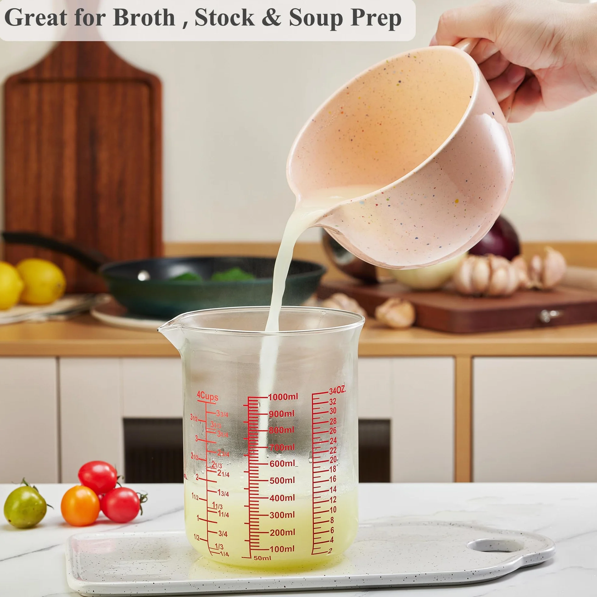 Vaso medidor de vidrio de borosilicato alto, boquilla en forma de V, vaso medidor de vidrio para cocina o restaurante, fácil de leer, 1000 ml (32 onzas, 4 tazas)