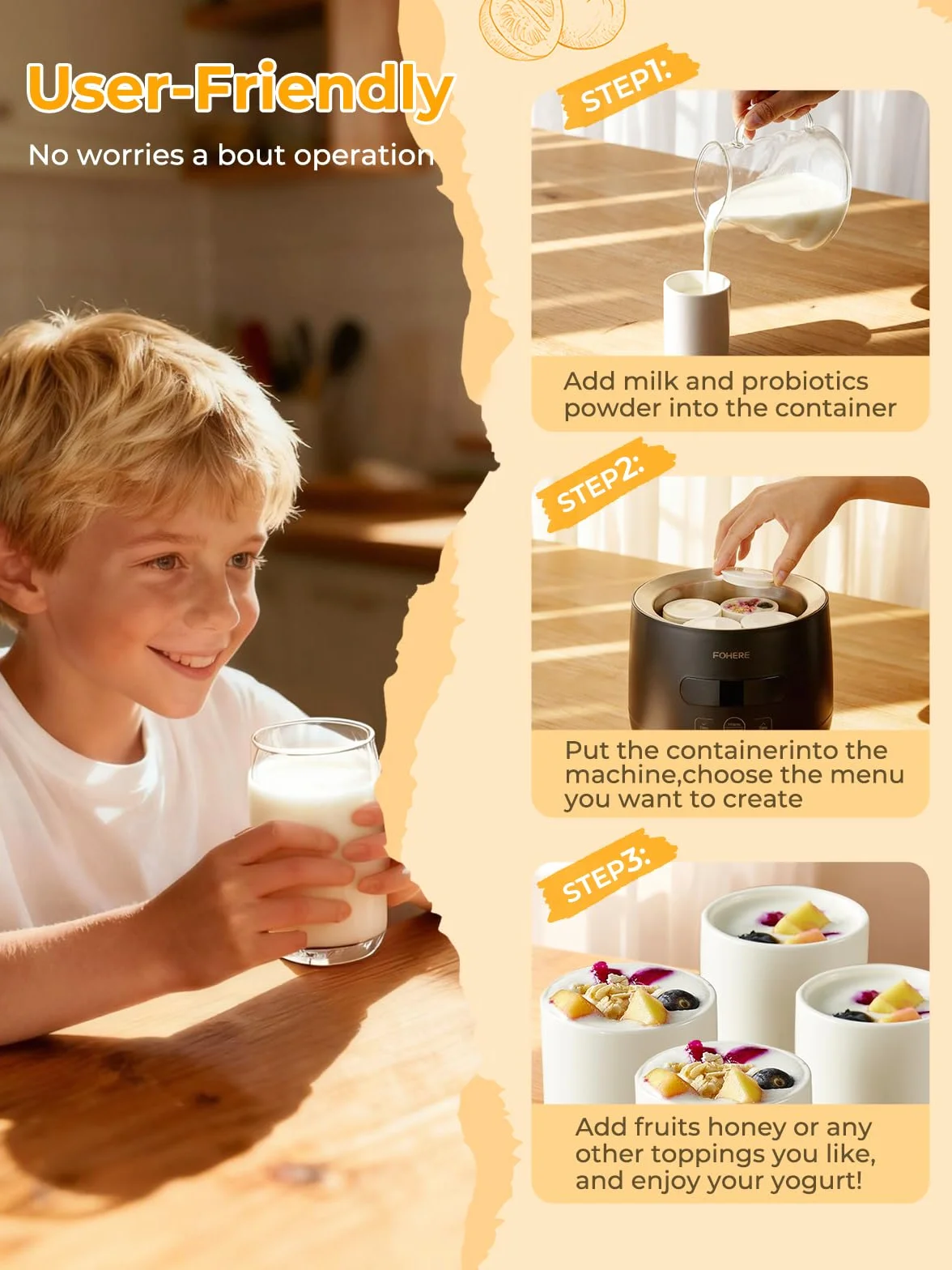FOHERE Yogurtera con 2 XXL Tarros Capacidad de 2000 ml y 1400 ml, 4 * 125 ml Vasos y Tapa, 8 Programas Preestablecidos, Pantalla LCD, Temporizador, Potencia 20 W, Sin BPA