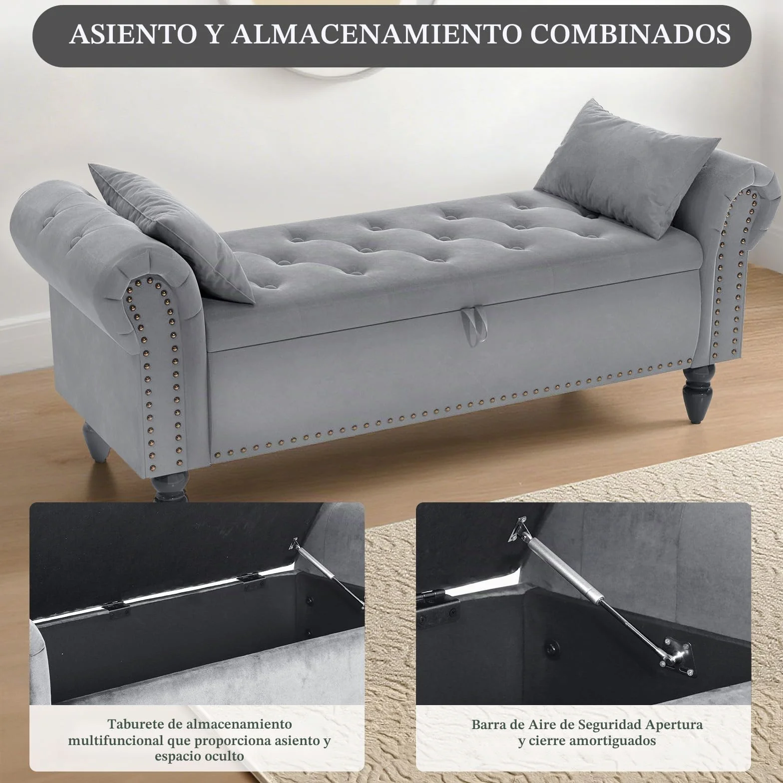 Clevich Banco con Almacenaje 133cm, Terciopelo Baul Almacenaje Dormitorio con Varilla de Elevación, Estilo de Francés, Extremo de la Cama con Tapa, Patas de Madera Maciza (Gris Claro)