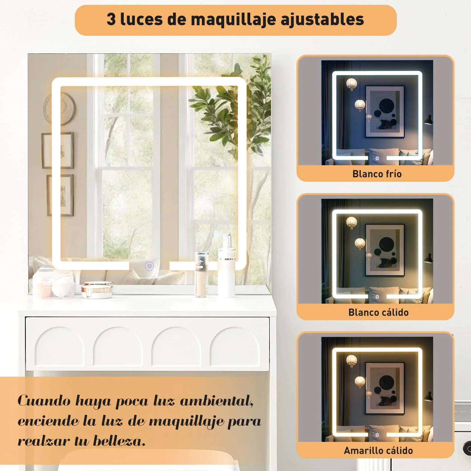 LEMROE Tocador Moderno con Espejo LED Táctil 3 Luces, Mesa de Maquillaje Compacto con Cajón y Taburete, para Espacios Pequeños, Blanco (Blanco)
