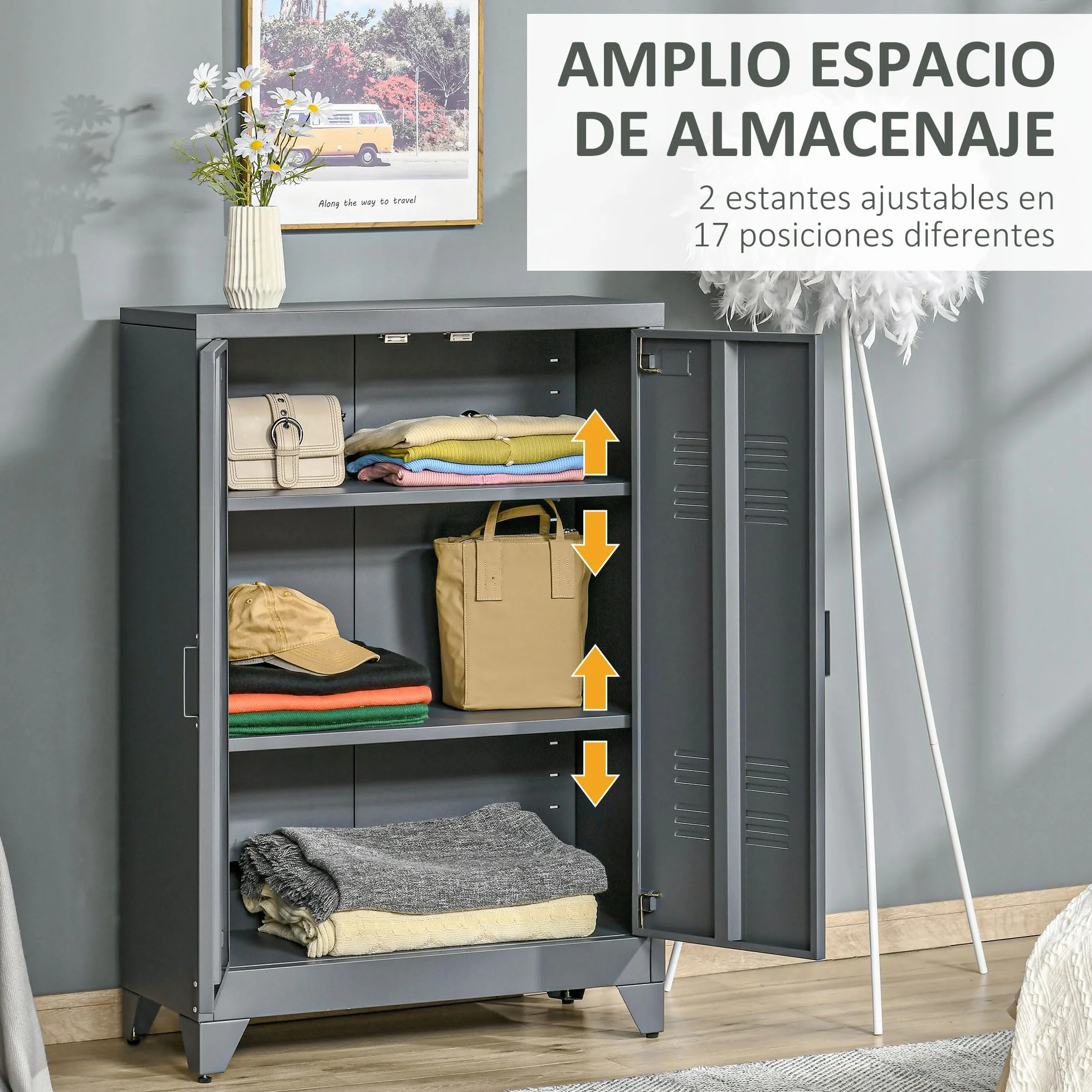 HOMCOM Armario de Almacenamiento Aparador de Metal con Doble Puerta Cierre Magnético y 2 Estantes Ajustables para Oficina Salón Dormitorio 75x33x110 cm Gris