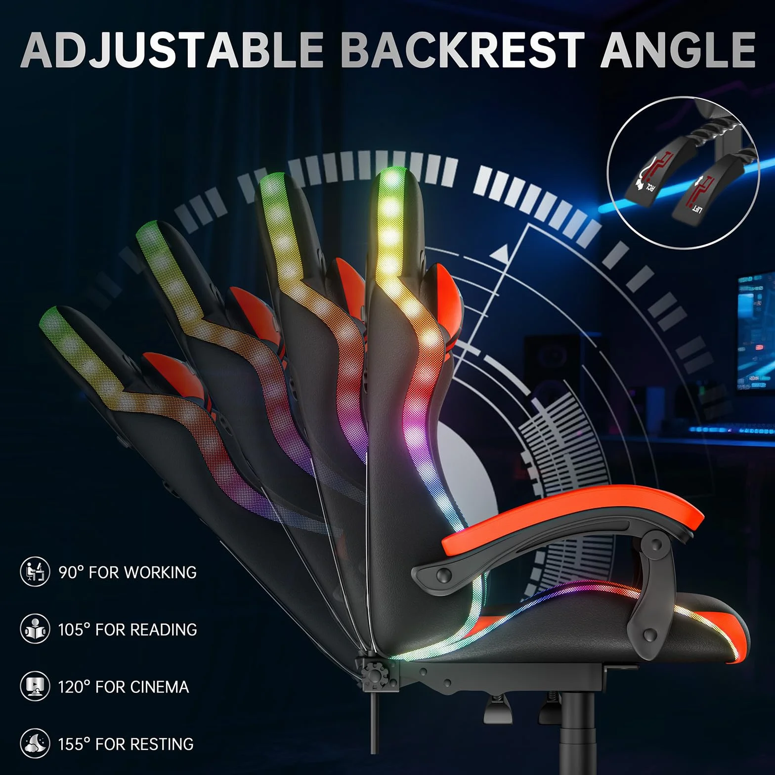 Silla para videojuegos con iluminación LED, silla ergonómica con luz RGB, reposacabezas ajustable y soporte lumbar, piel sintética, silla de oficina, altura e inclinación ajustable (negro y rojo)