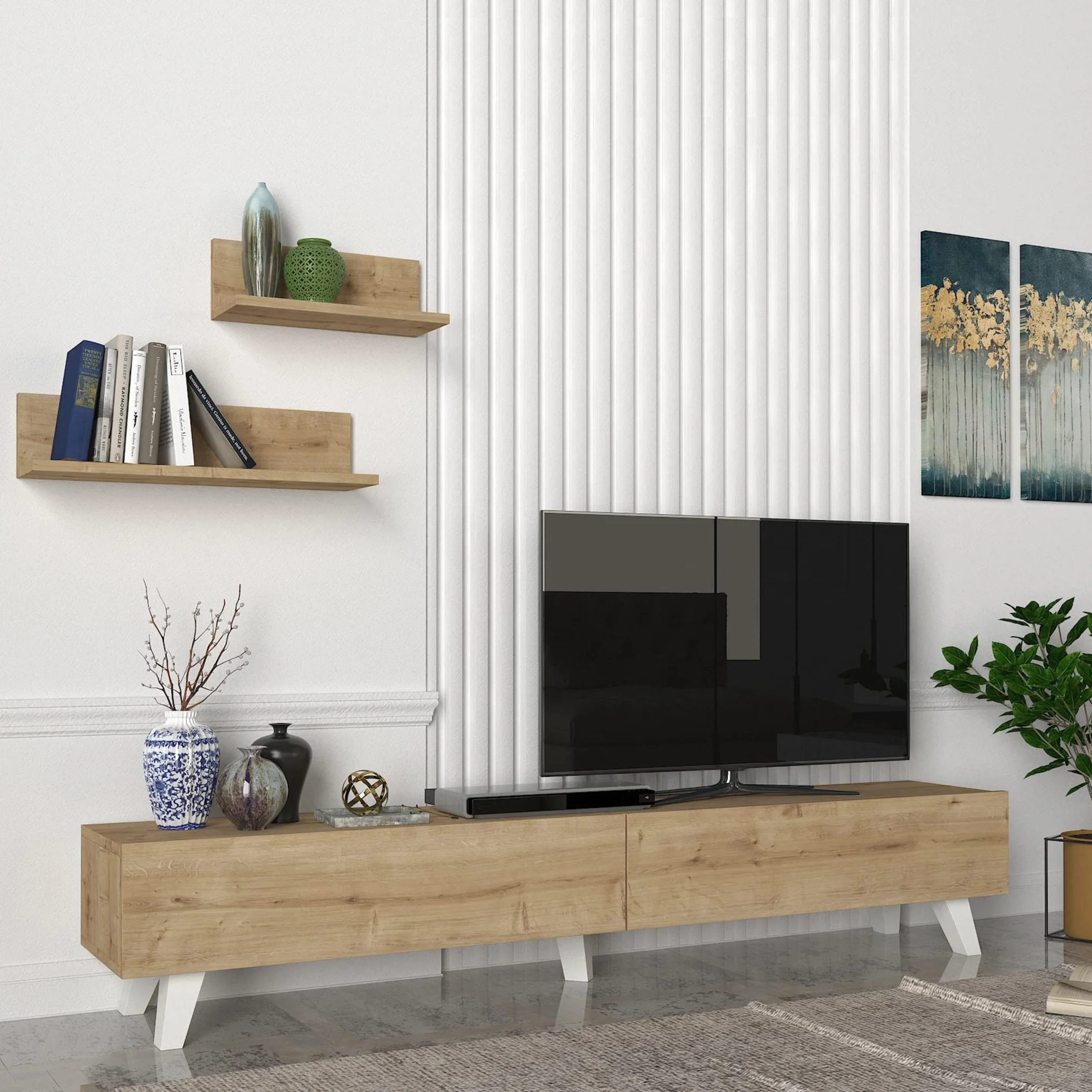 [en.casa] Juego de Mueble Salon Decorativo Mesa TV con 2 Estantes de Pared Modulos Salón Aglomerado 180 x 31 x 33 cm - Roble