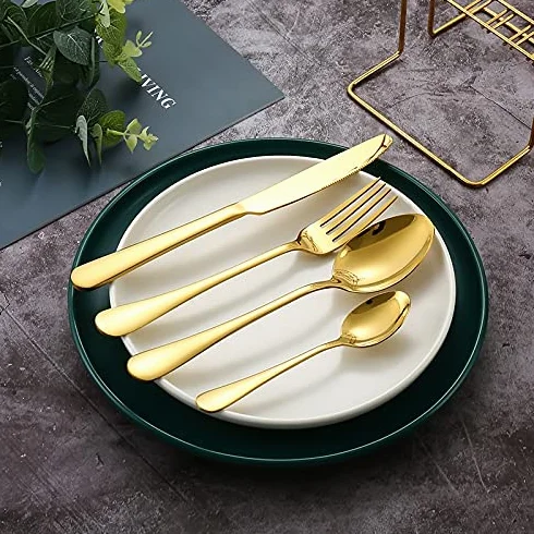 Juego de Cubiertos de Acero Inoxidable, 24 Piezas, Caja de Regalo, Mango de Color de Lujo, Tenedor, Cuchara y Cuchillo. Apto para lavavajillas (Rojo Dorado).