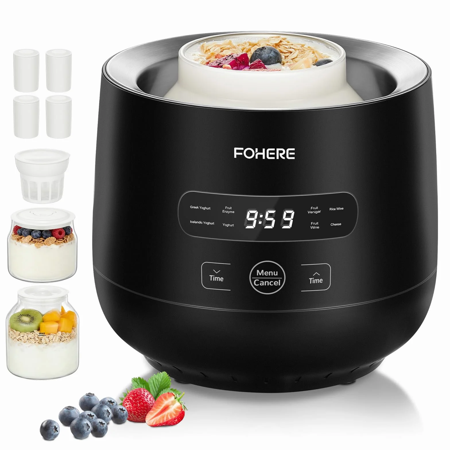FOHERE Yogurtera con 2 XXL Tarros Capacidad de 2000 ml y 1400 ml, 4 * 125 ml Vasos y Tapa, 8 Programas Preestablecidos, Pantalla LCD, Temporizador, Potencia 20 W, Sin BPA