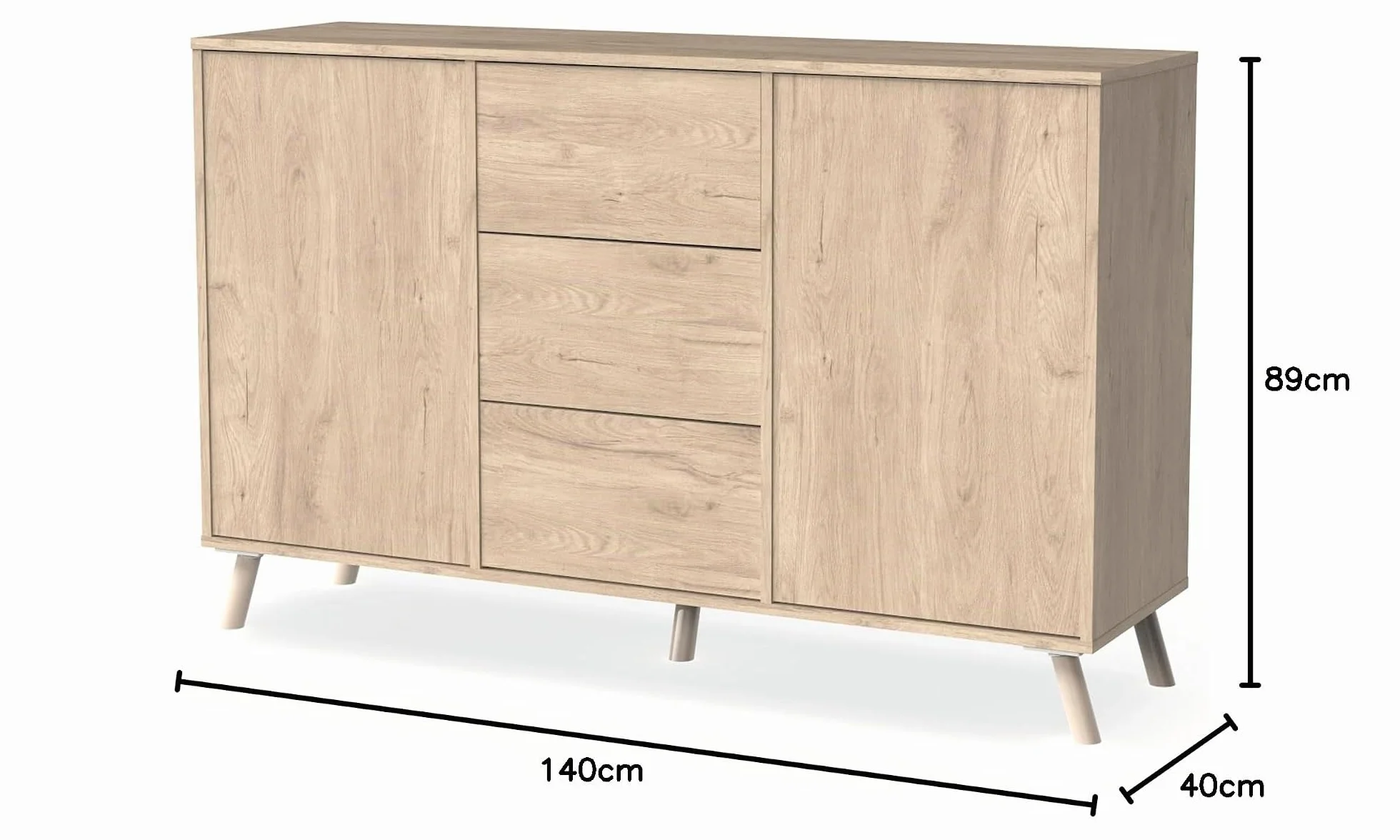 MUEBLES PITARCH | Aparador Salón Comedor, Buffet, Mueble Auxiliar, 2 Puertas y 3 Cajones, Roble Aurora, 89x140x40cm, Despensa, Cocina, Despacho, Tirador Push o Pulsador, Moderno, Nórdico, Modelo Oslo