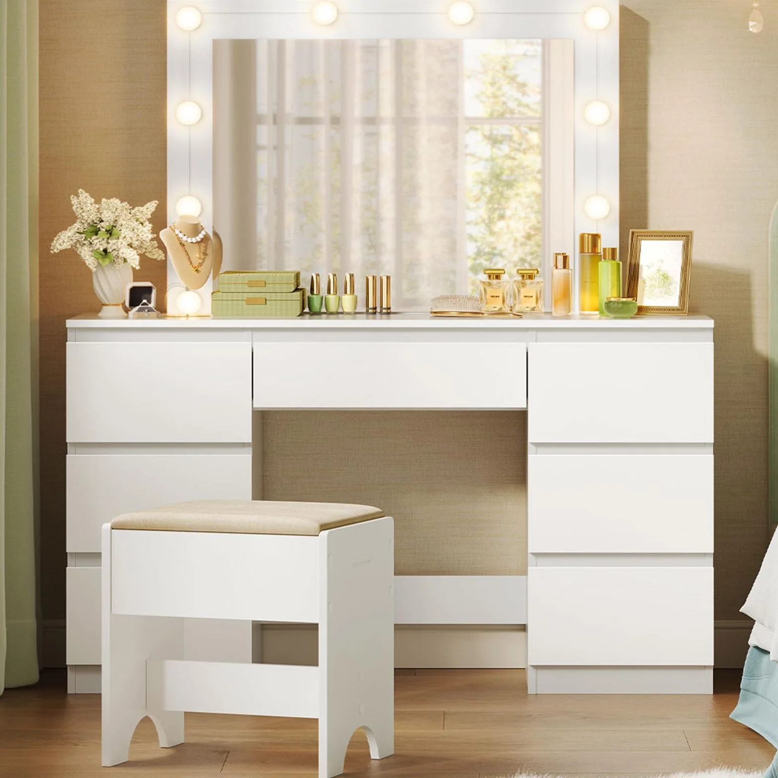 WOLTU Vanity de Maquillaje, Tocador de Maquillaje con Taburete, Tocador con Espejo y Luz LED, Luz Ajustable, con 7 Cajones, para Dormitorio, Sala de Belleza y Vestidor, 107x39,5x140,5 cm, Blanco