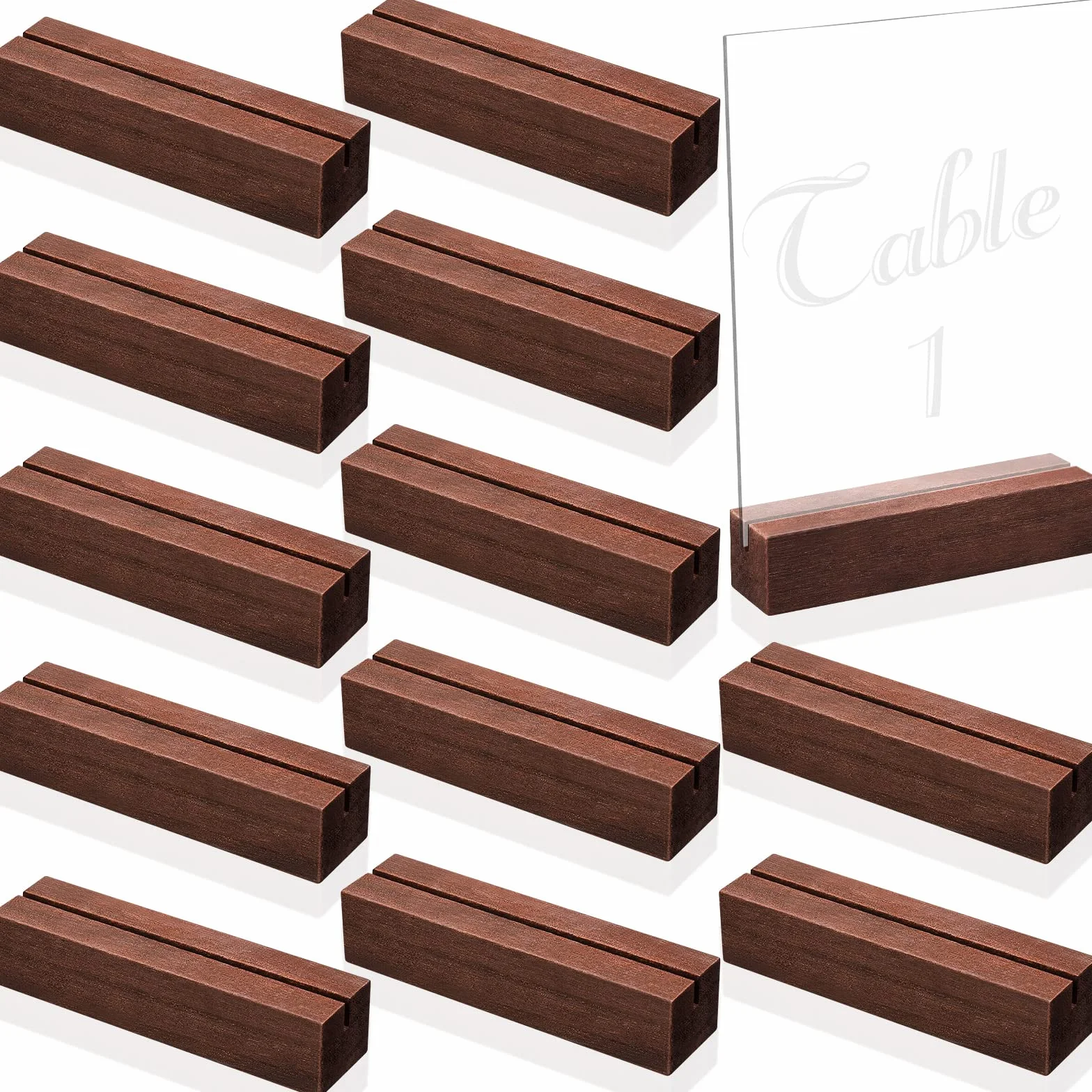 Zonon - 12 soportes de madera para tarjetas de lugar, soportes para números de mesa, soportes para tarjetas de nombre para decoración de bodas, fiestas y eventos (color nogal, 4.6 x 1.1 x 0.9