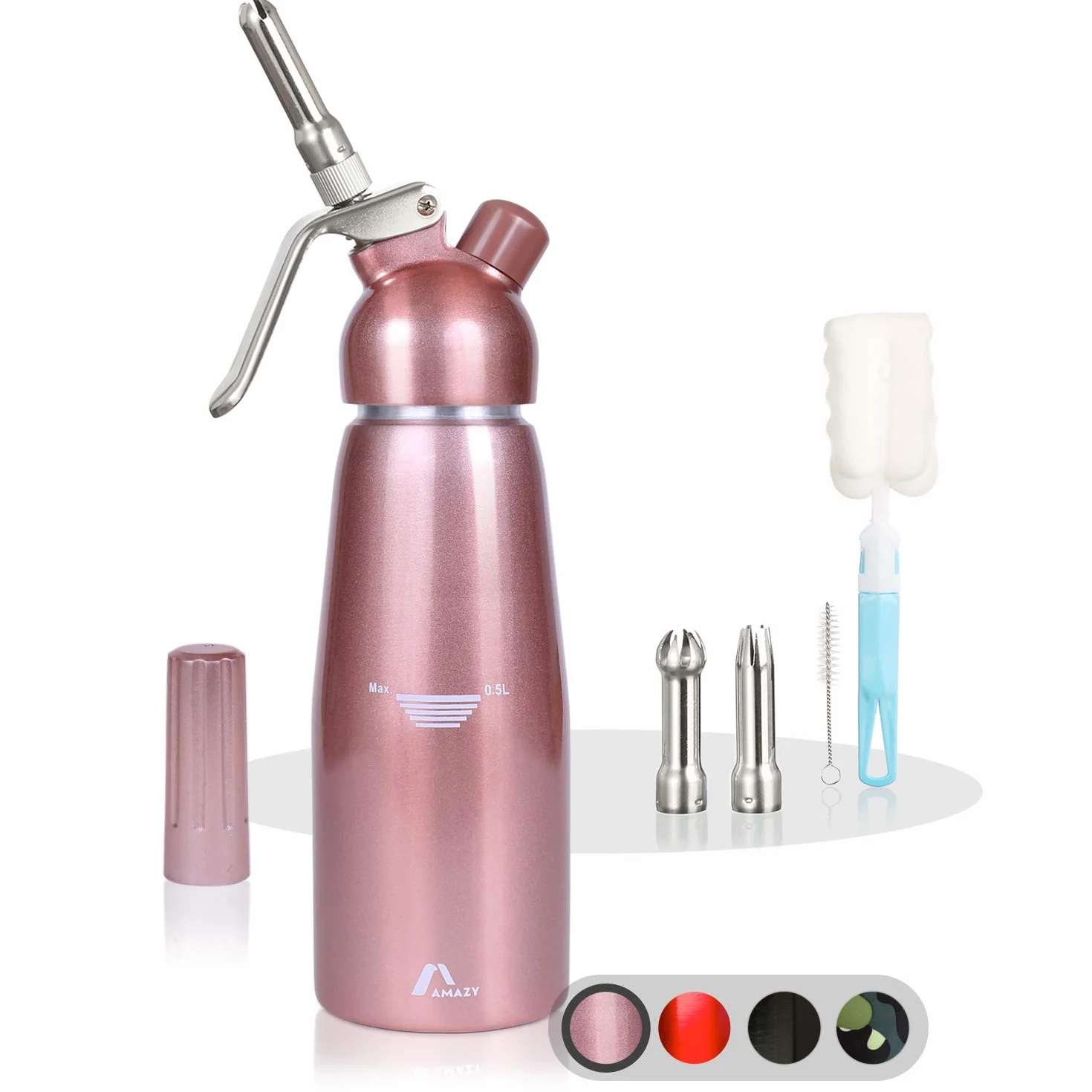 Amazy Sifon de Cocina para Espuma Profesional - Incluye 3 Accesorios Decorativos de Acero Inoxidable y 1 Cepillo Dispensador de Nata montada para Crema, Nata, Espuma y Soda (Rosa 500 ml)