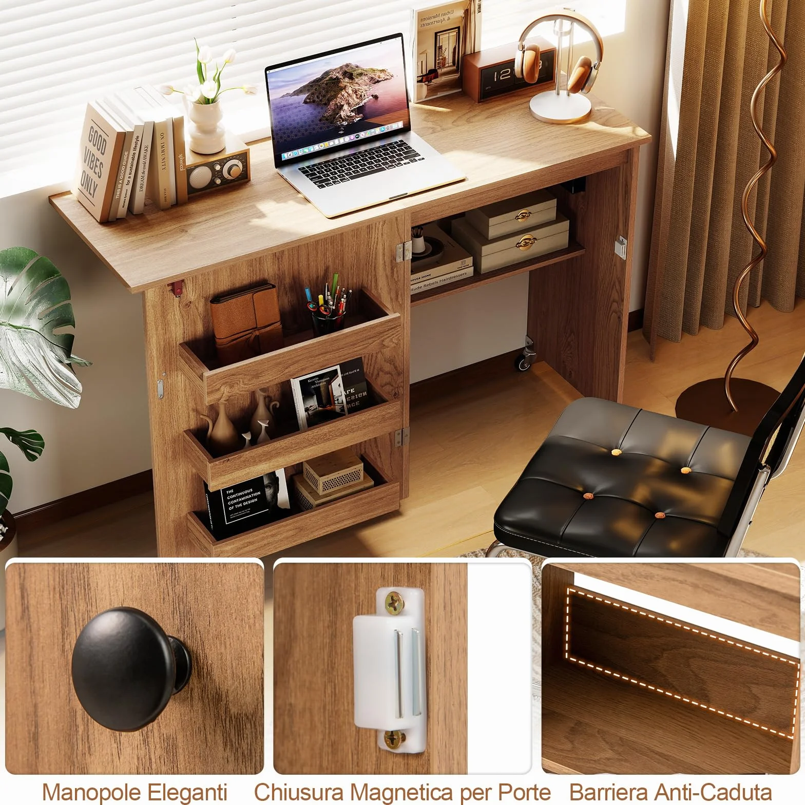 RELAX4LIFE Mesa de Costura Plegable con 3 Compartimentos, Estante, Estación de Carga Integrada, Mesa para Máquina de Coser con Ruedas, 116x40,5x78cm (Natural-con Enchufe)