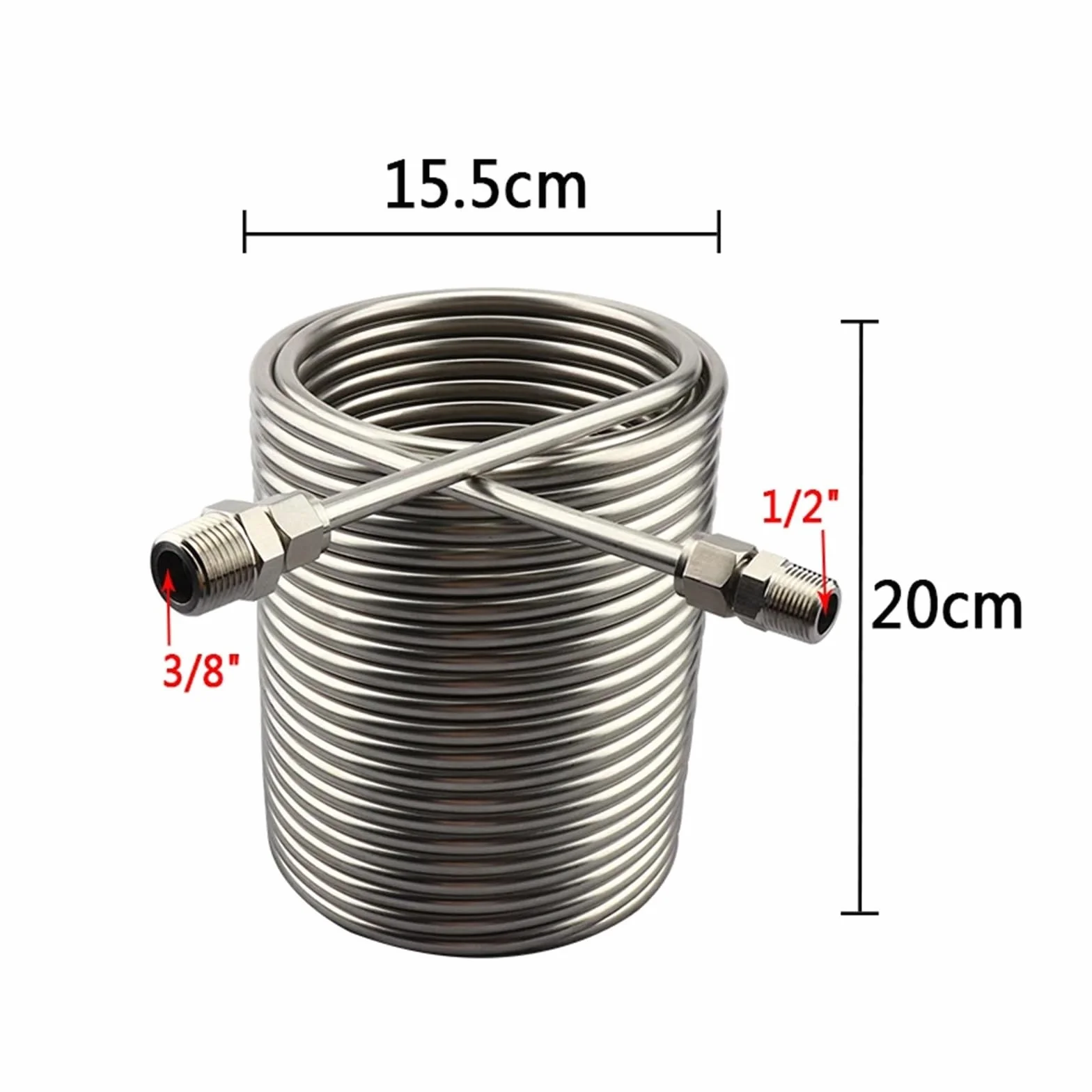 Serpentín de enfriamiento de 20 m de longitud, enfriador de mosto, cerveza, agua y doble capa, de acero inoxidable 304 de grado alimenticio, con conectores de 3/8" y 1/2". Múltiples aplicaciones