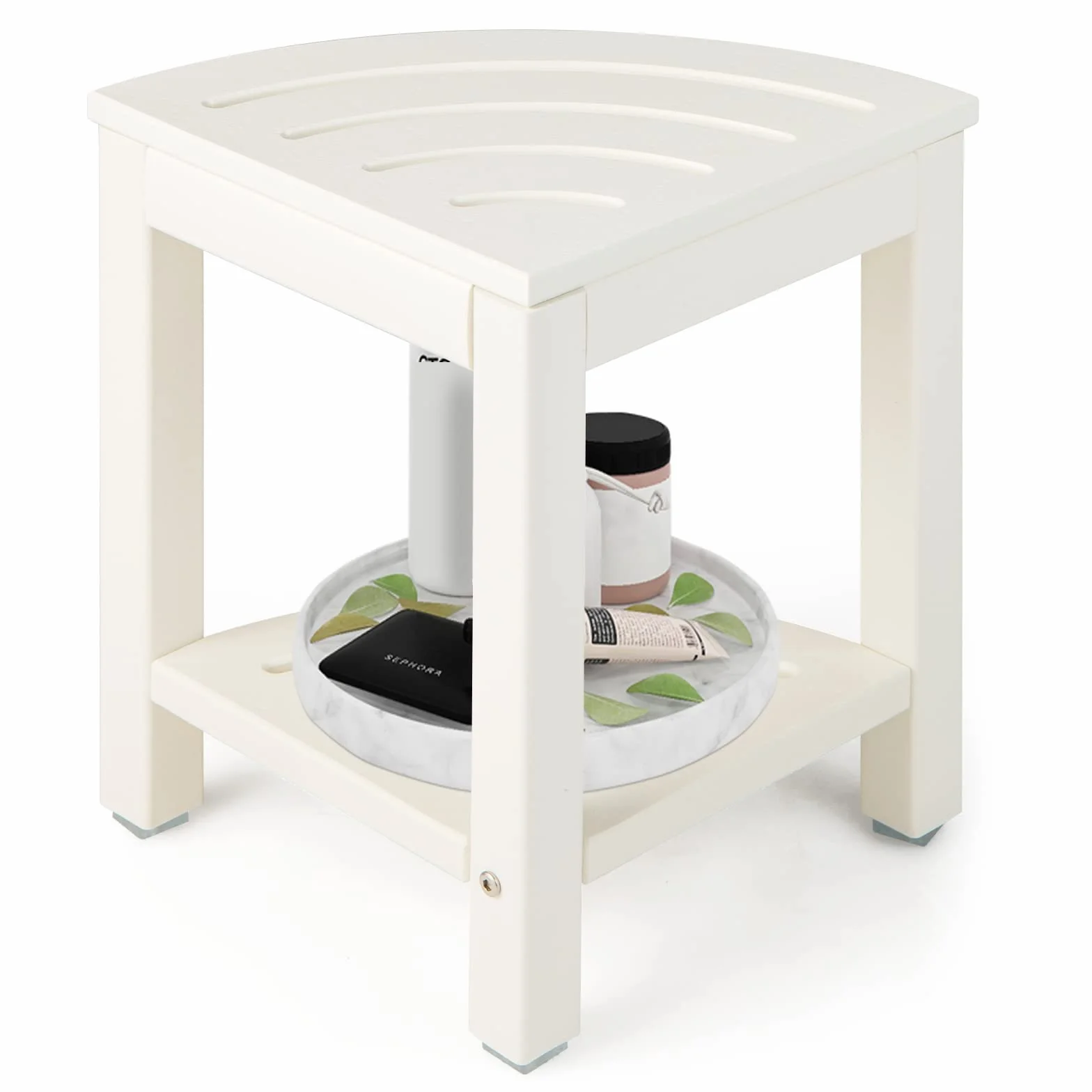 GOPLUS Taburete de baño esquinero con estante, banco de ducha en forma de abanico, taburete para baño, balcón, soporta hasta 150 kg (blanco)