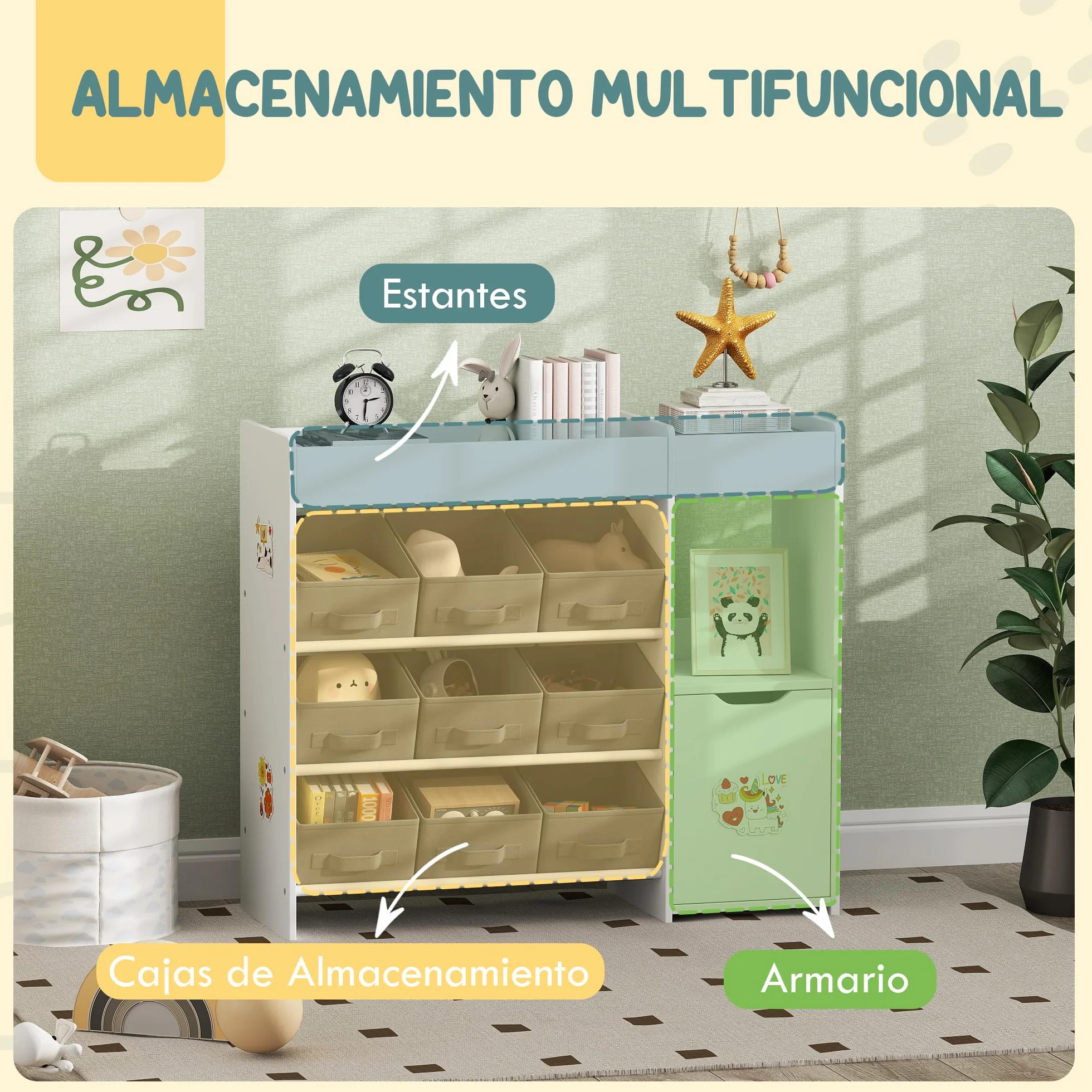 AIYAPLAY Estantería para Juguetes para Niños Organizador Infantil Montessori con 9 Cestas Extraíbles Compartimentos y Láminas de Pegatinas para Guardería Sala de Juegos 92x30x80 cm Blanco
