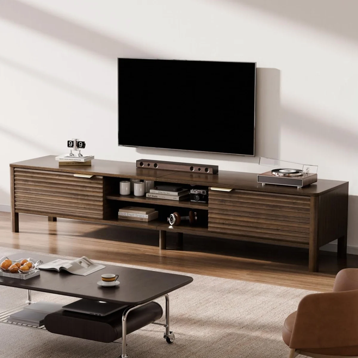 IKALIFE Mueble TV Madera Marrón 200 cm - Mueble de TV con Estantes Ajustables y Gestión de Cables, para Televisores de hasta 80 Pulgadas, para Salón y Dormitorio