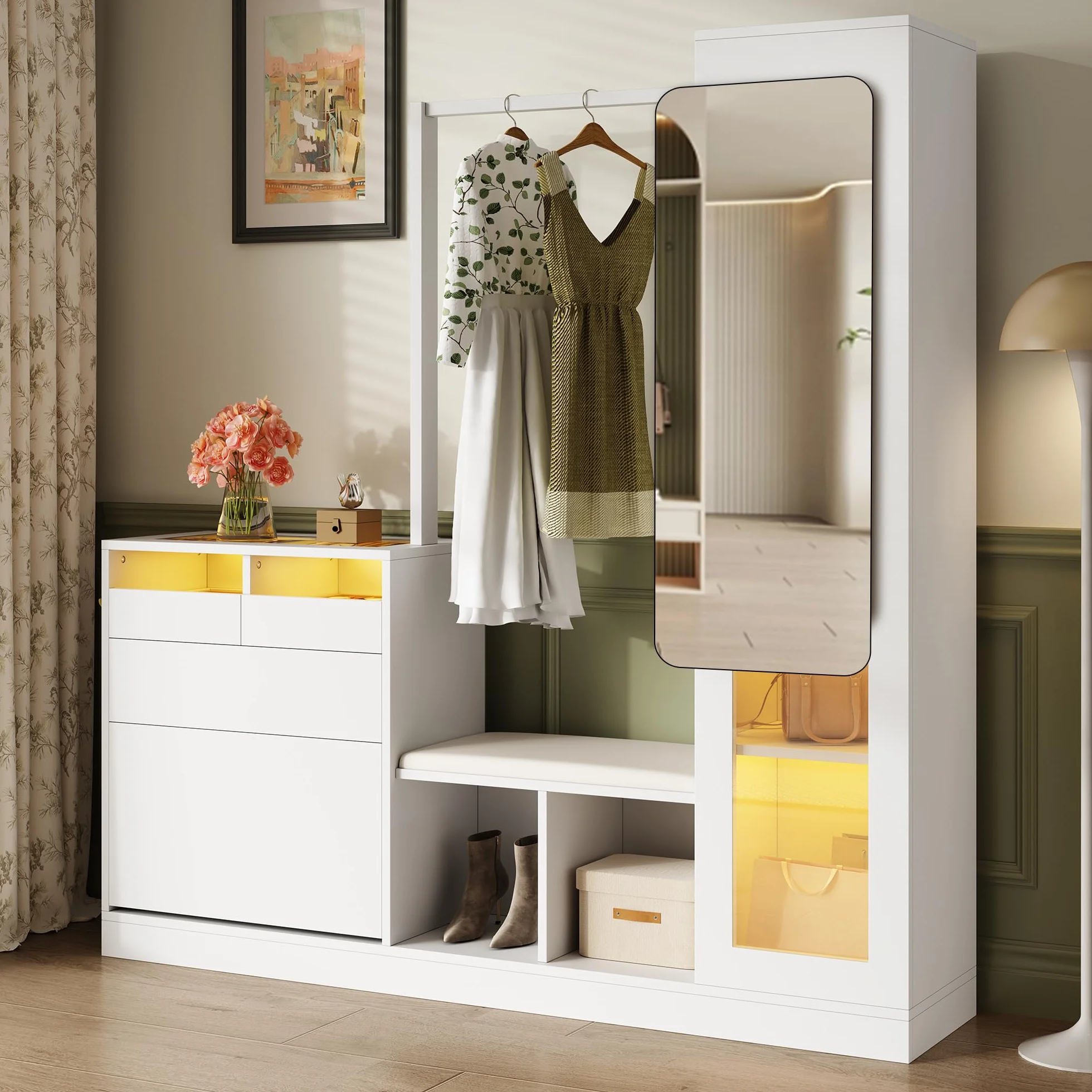 LAKFEW 6 en 1 Juego de Perchero, Perchero Entrada Recibidor con Espejo y Luz LED, Mueble Recibidor con 3 Cajones y 2 Puertas, Conjunto de Mueble Entrada Recibidor Percheros, 163x35x161 cm, Blanco