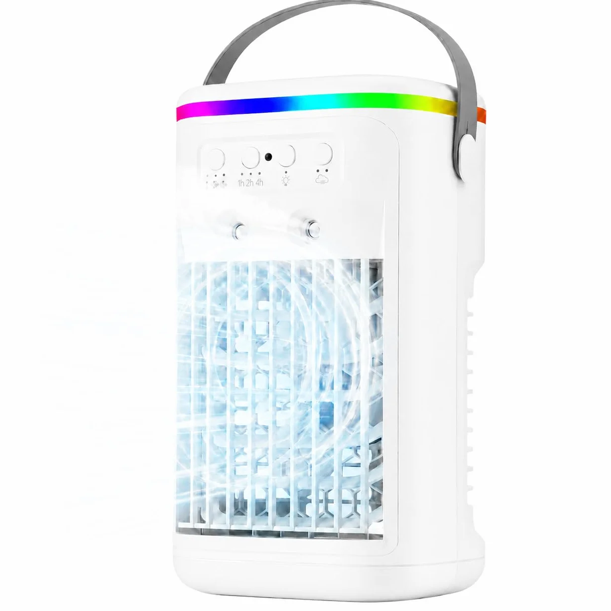 Mini Aire Acondicionado Portátil Silencioso, Enfriador de Aire con Mando, 3 Velocidades y 2 Modos de Nebulización, Temporizador 1-4H, 7 Luces LED, Ventilador de Aire Frío para Dormitorio Oficina