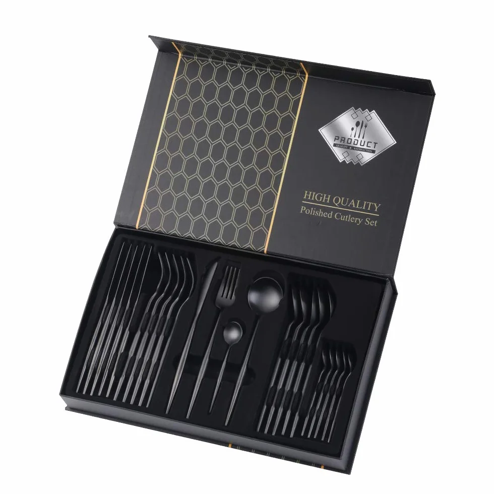 Juego de cubiertos YDware, 24 piezas de acero inoxidable, cubertería para 4, vajilla negra con caja de regalo, acabado mate