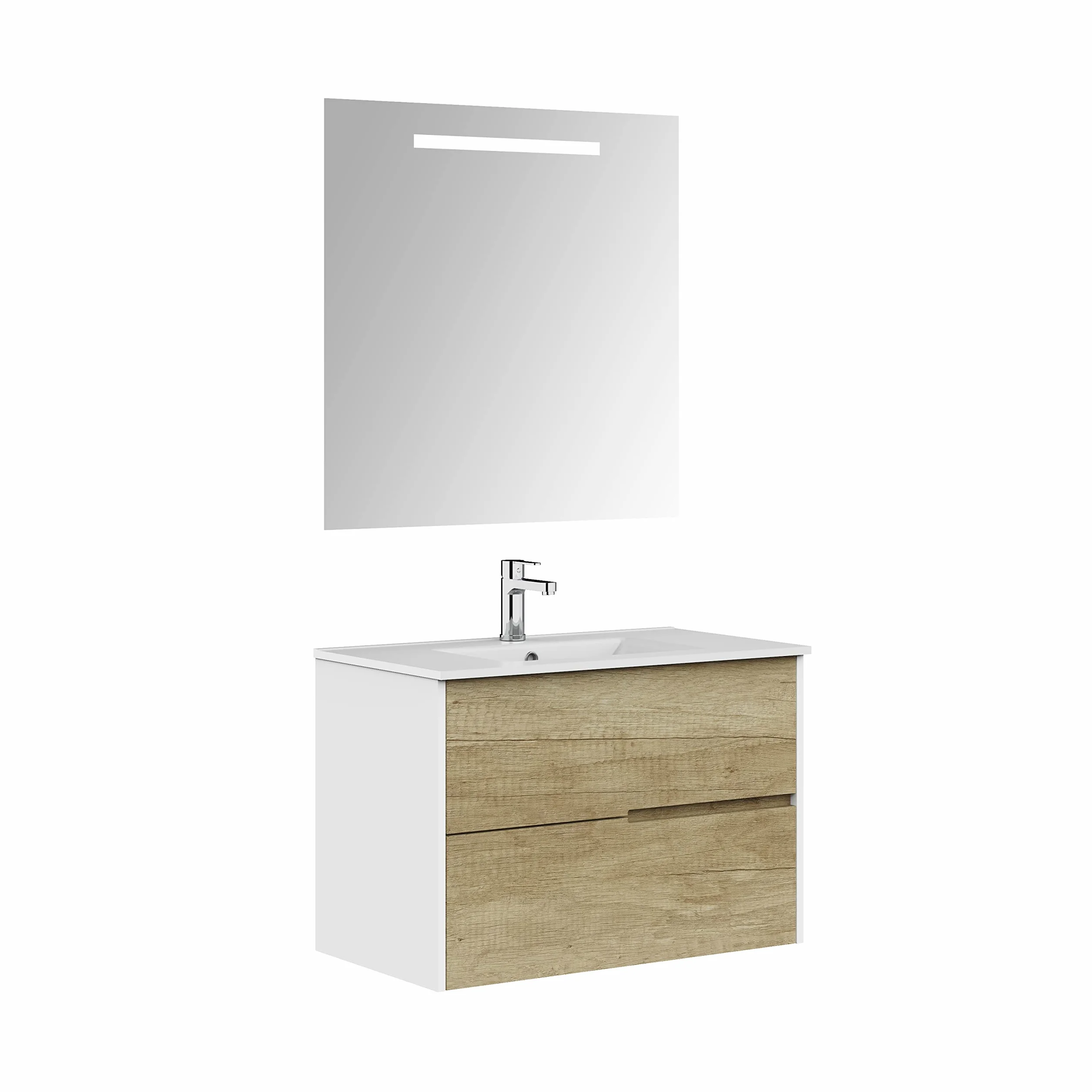 Baikal Mueble de baño Gavin suspendido 2 cajones con lavabo cerámico y espejo 80 cm Nature