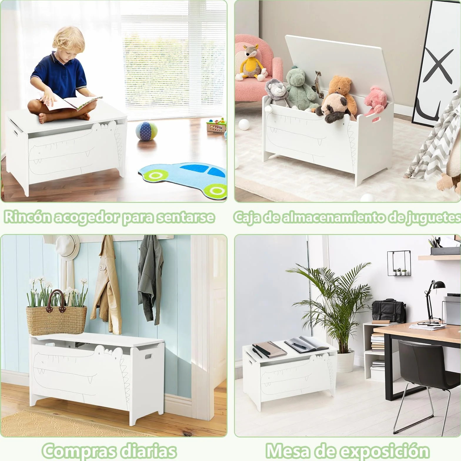 COSTWAY Caja de Almacenamiento de Juguetes de Madera, Cajón Infantil con Bisagra de Seguridad 33x60x37,5cm Blanco