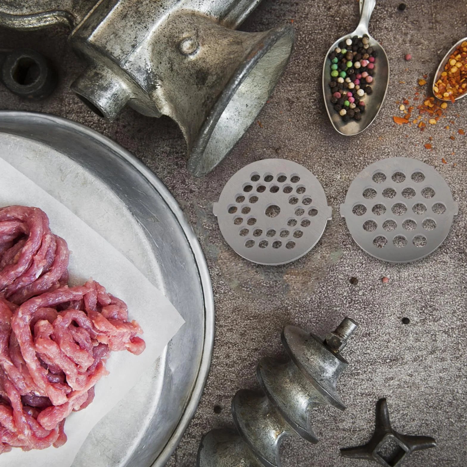 Juego de 8 Discos y Cuchillas para Picadora de Carne de Acero Inoxidable, Fácil de Usar, Orificios Redondos y Cuadrados para Uso Doméstico