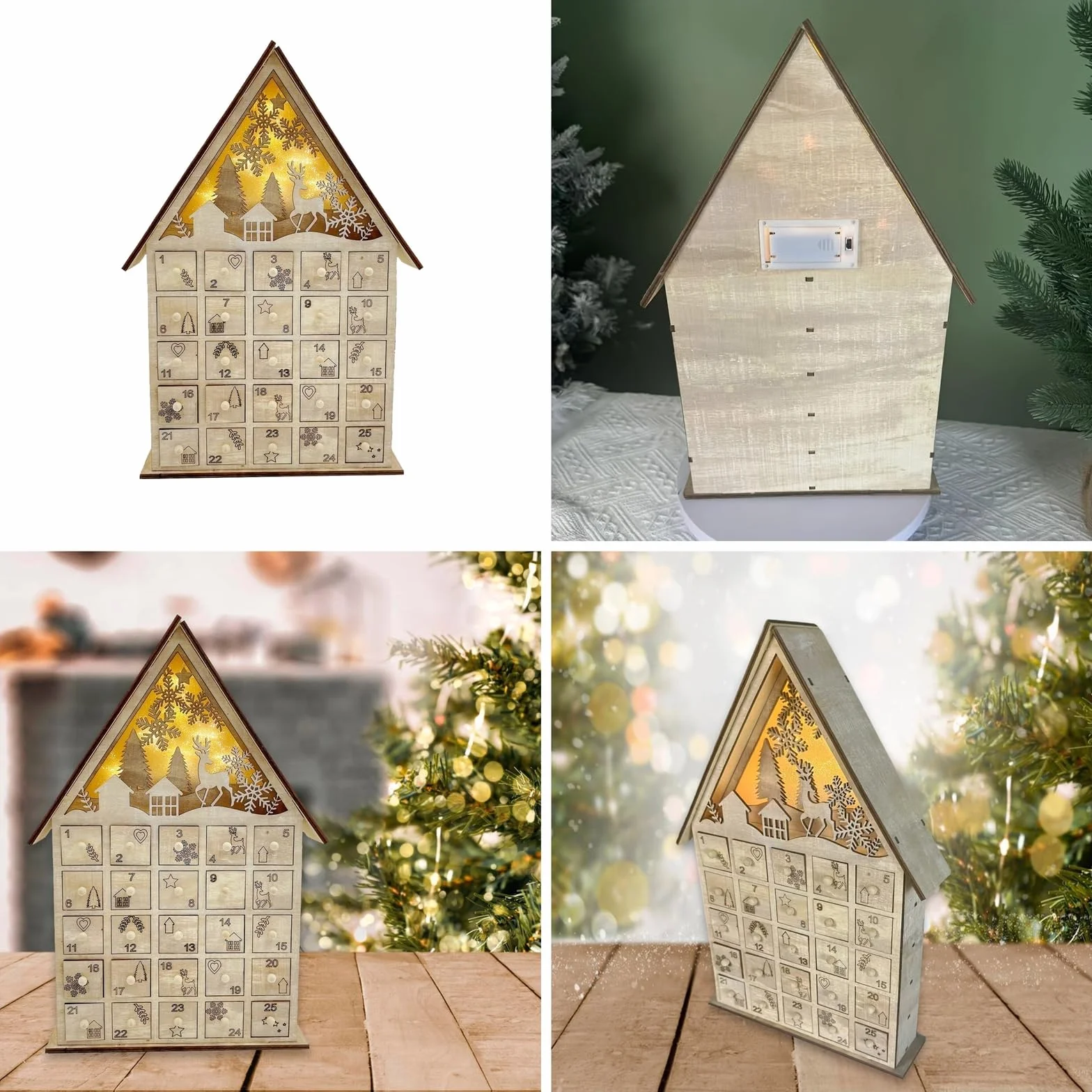 Calendario de madera con cuenta regresiva de árbol de Navidad y casa de renos con luces LED y cajón sorpresa
