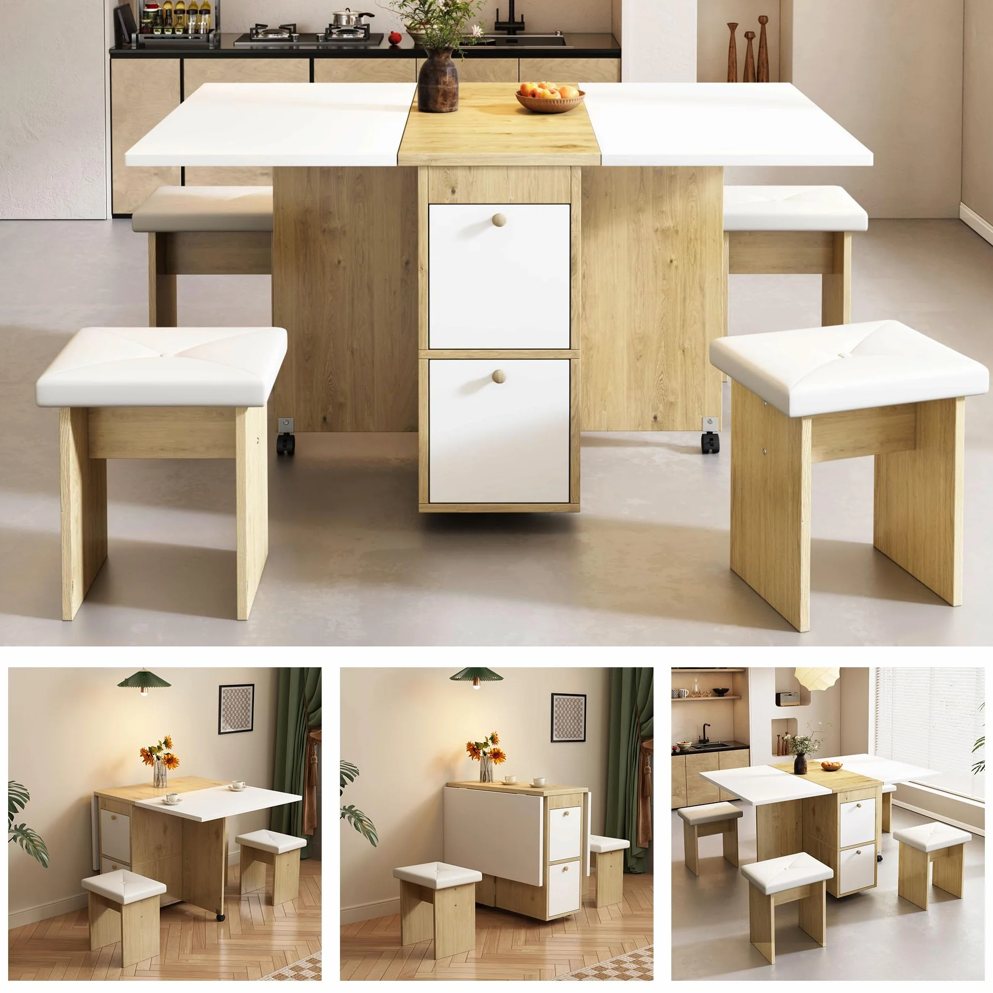 Juego de Comedor Mesa y 4 Sillas, Mesa de Comedor Plegable con Sillas, 120x80x75 cm Juego de Mesa de Comedor Rectangular Extensible con 4 Sillas Cocina, con Función de Almacenamiento (Blanco)