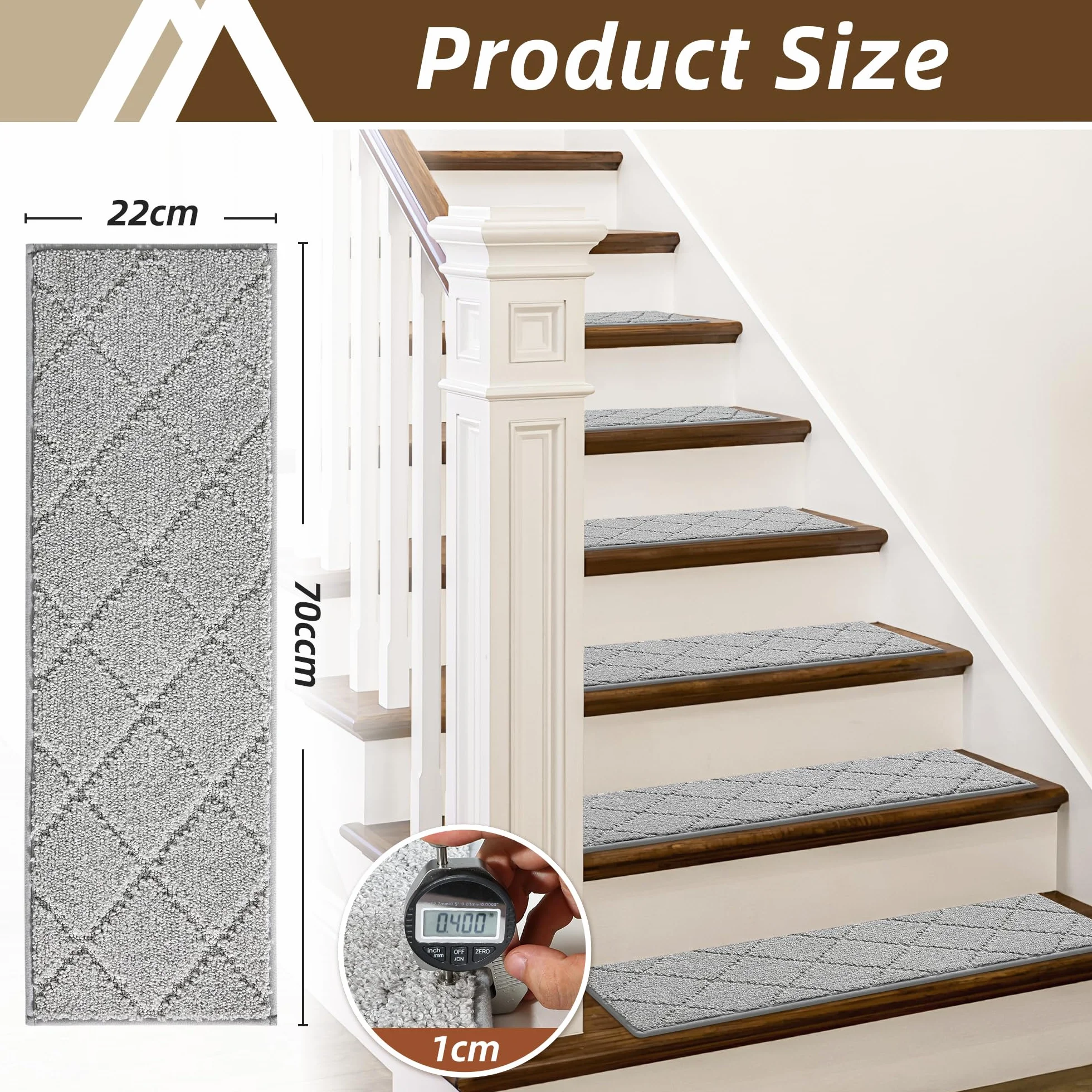 COSY HOMEER Alfombrillas para escalones interiores, 70 x 22 cm, 15 unidades, autoadhesivas, alfombra para escaleras antideslizantes, parte trasera de elastómero termoplástico, lavables a máquina, 100%