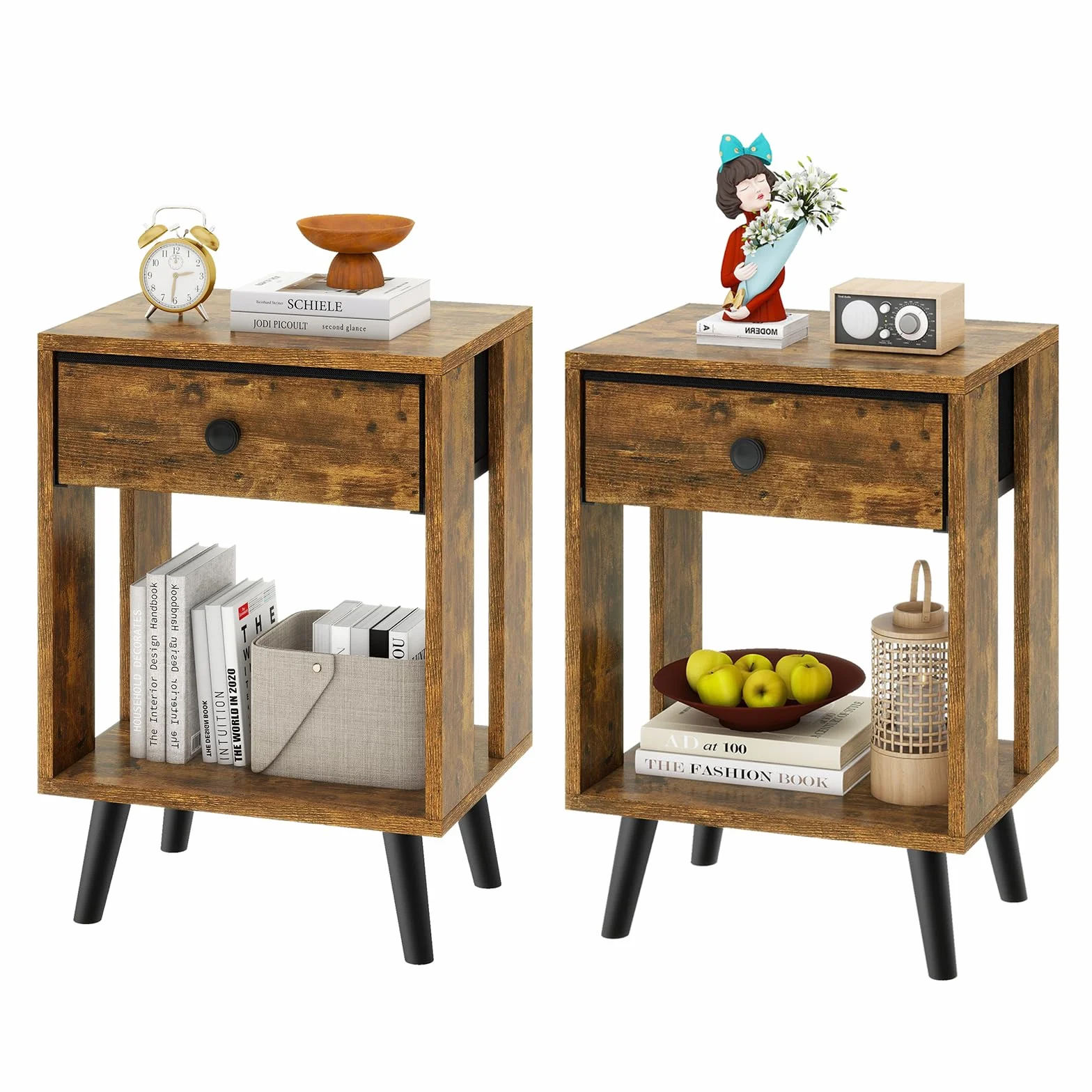 YMYNY Mesita de Noche, Juego de 2, Mesa Auxiliar, Mesilla de Noche, Cajón de Tela, Compartimento Abierto, Estilo Moderno, Struttura Semplice, para Dormitorio, Salón, Marrón HST012H-2